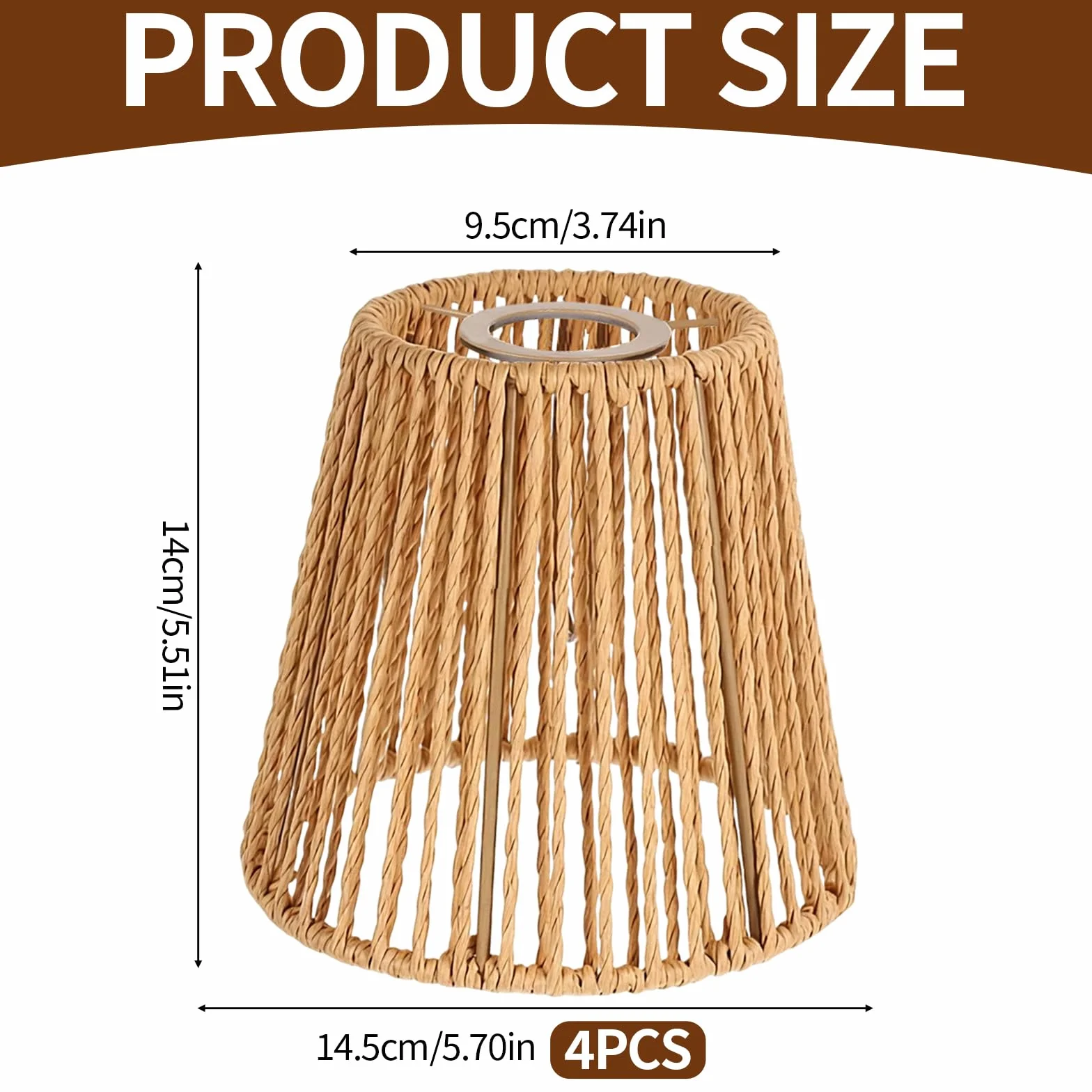 Abażur rattanowy w stylu boho, 4 sztuki, E27, abażur do lampy stołowej, lampy wiszącej, lampa stojącej, lampa sufitowa, papierowy, zapasowy klosz do lampy stojącej, 14 x 14 cm