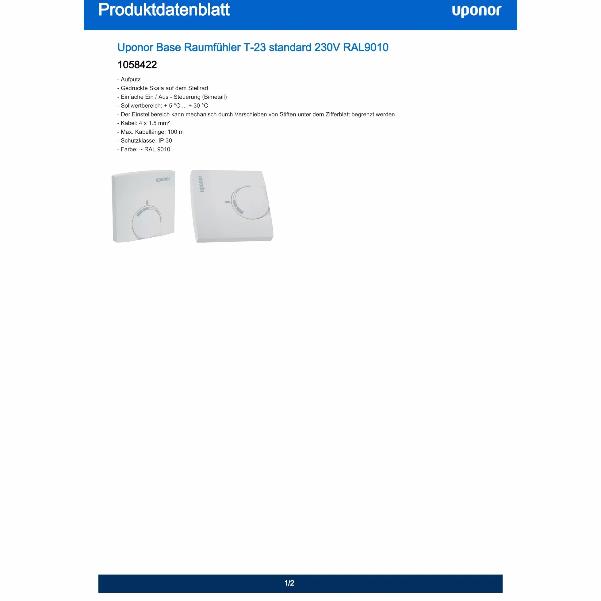 Uponor T-23 termostat pokojowy 230 V z przewodnikiem przewodowym