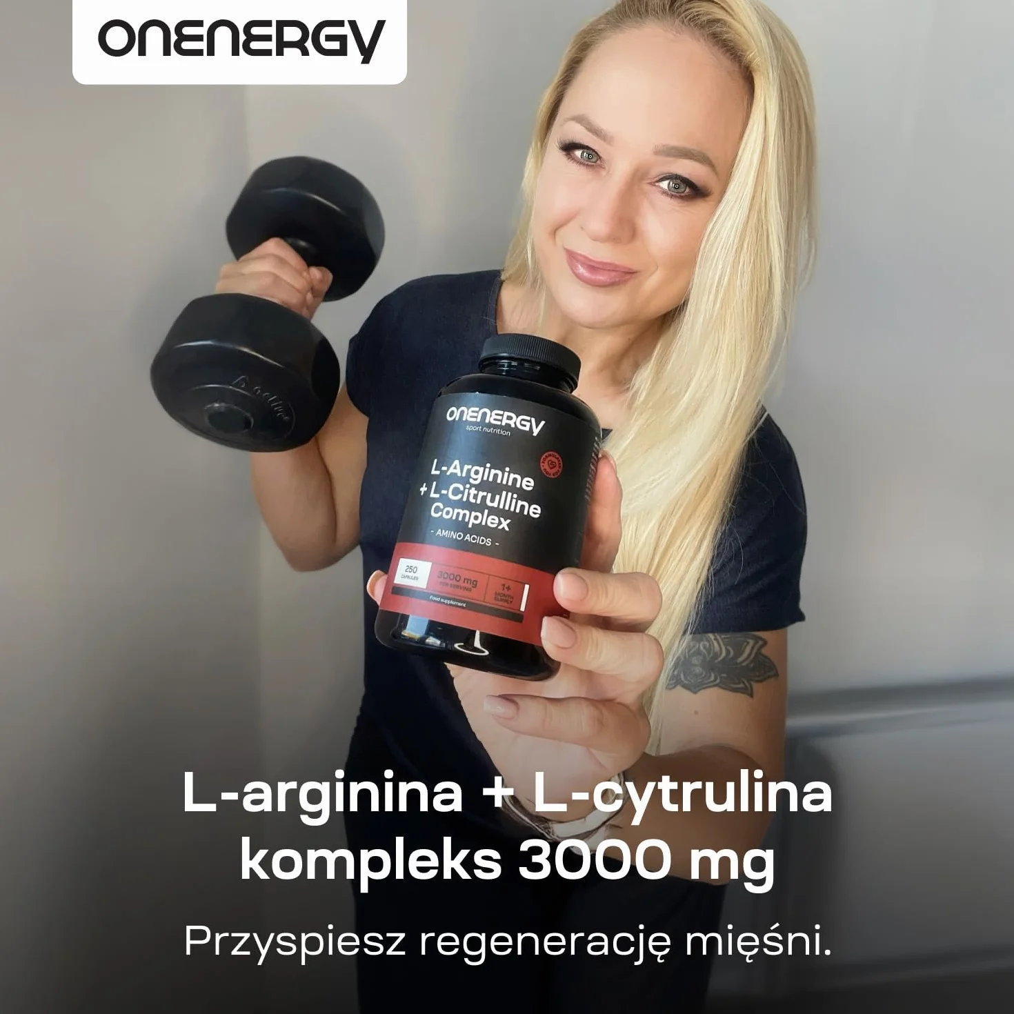 L-arginina + L-cytrulina kompleks 3000 mg od OnEnergy - 250 kapsułek - Wysoka zawartość aminokwasów - Zwiększenie energii - Przyspieszenie regeneracji - Przed i po treningu