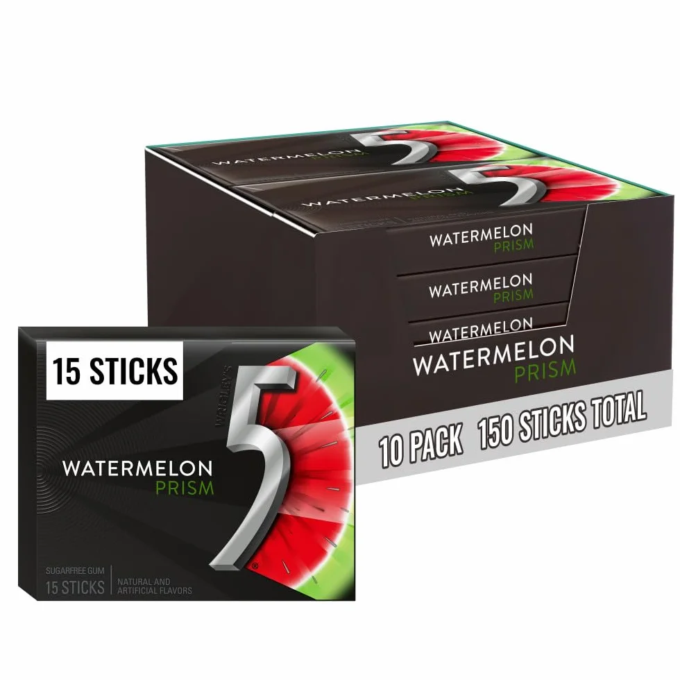 5 GUM Watermelon Prism Sugar Free Chewing Gum, 15 pieces (10 pack)