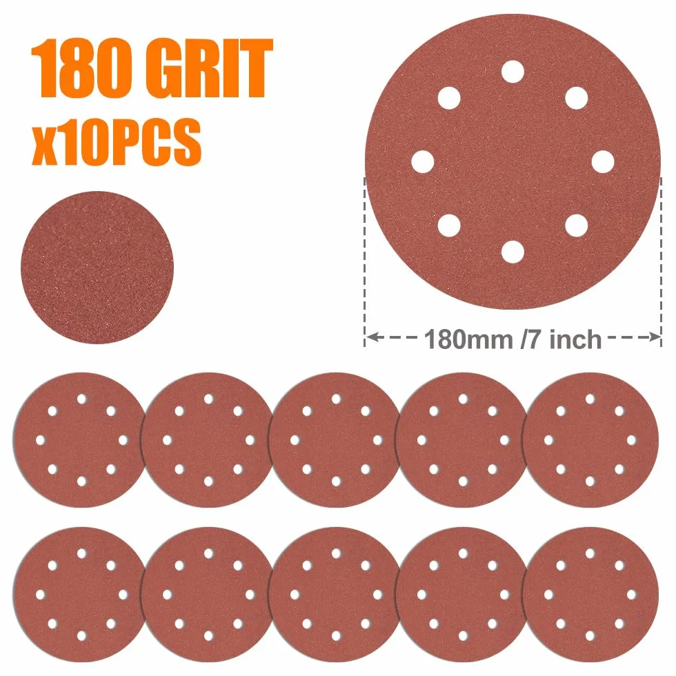 Orbitalne tarcze szlifierskie z rzepem, Tarcza ścierna 180 mm, 8 otworów, rzep, tlenek glinu, drewno, metal, 10 szt., różne ziarnistości(10pcs P180)