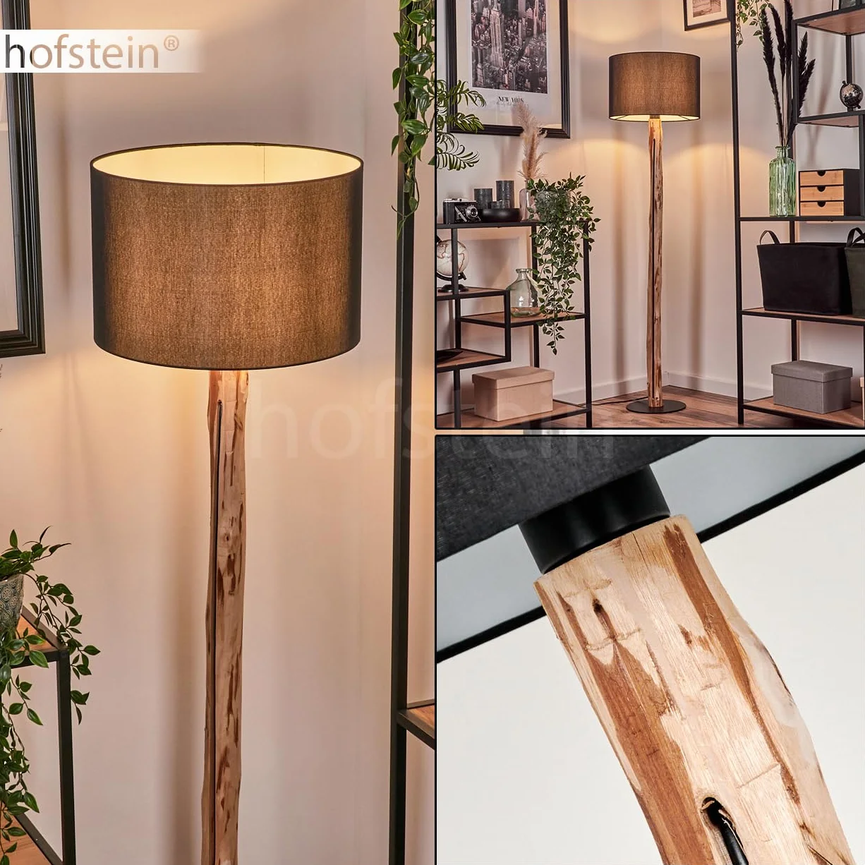 Lampa stojąca Saladillo, nowoczesna lampa stojąca z drewna/metalu/materiału w kolorze naturalnym/czarnym/białym, lampa w skandynawskim stylu z okrągłym kloszem (Ø 38 cm) i przełącznikiem nożnym,