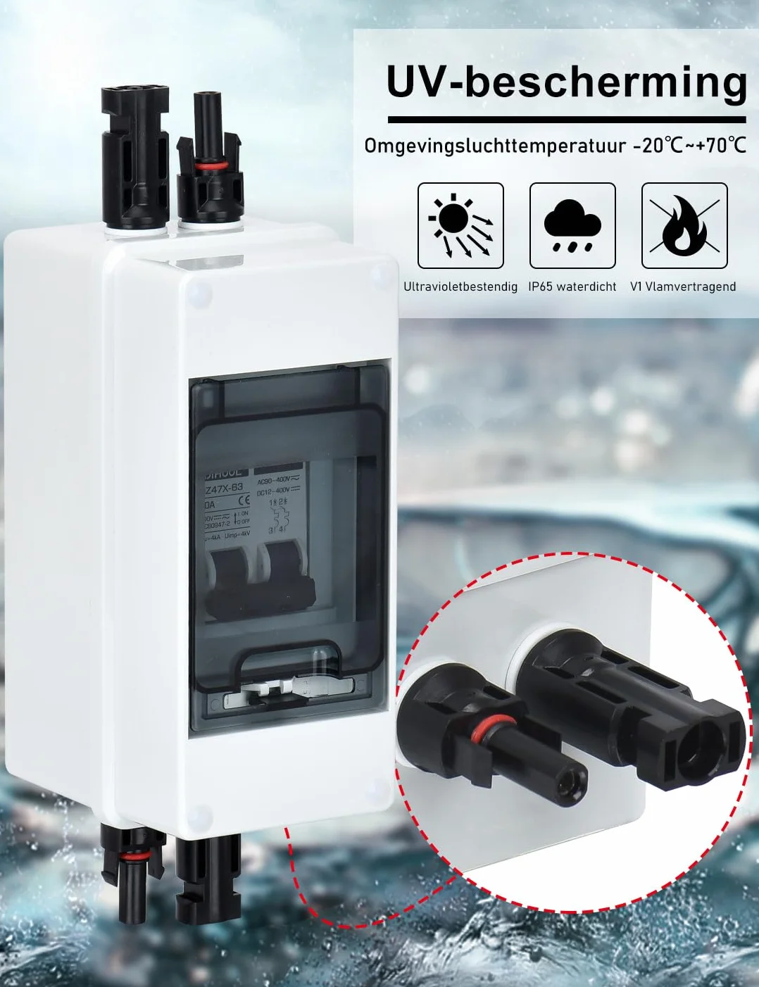 DIHOOL Odłącznik DC PV, wyłącznik nadmiarowy, automatyczny bezpiecznik, 2-biegunowy, 10A, 12V (12V-400V) z kablem, wtyczka solarna, IP65, wodoszczelna obudowa