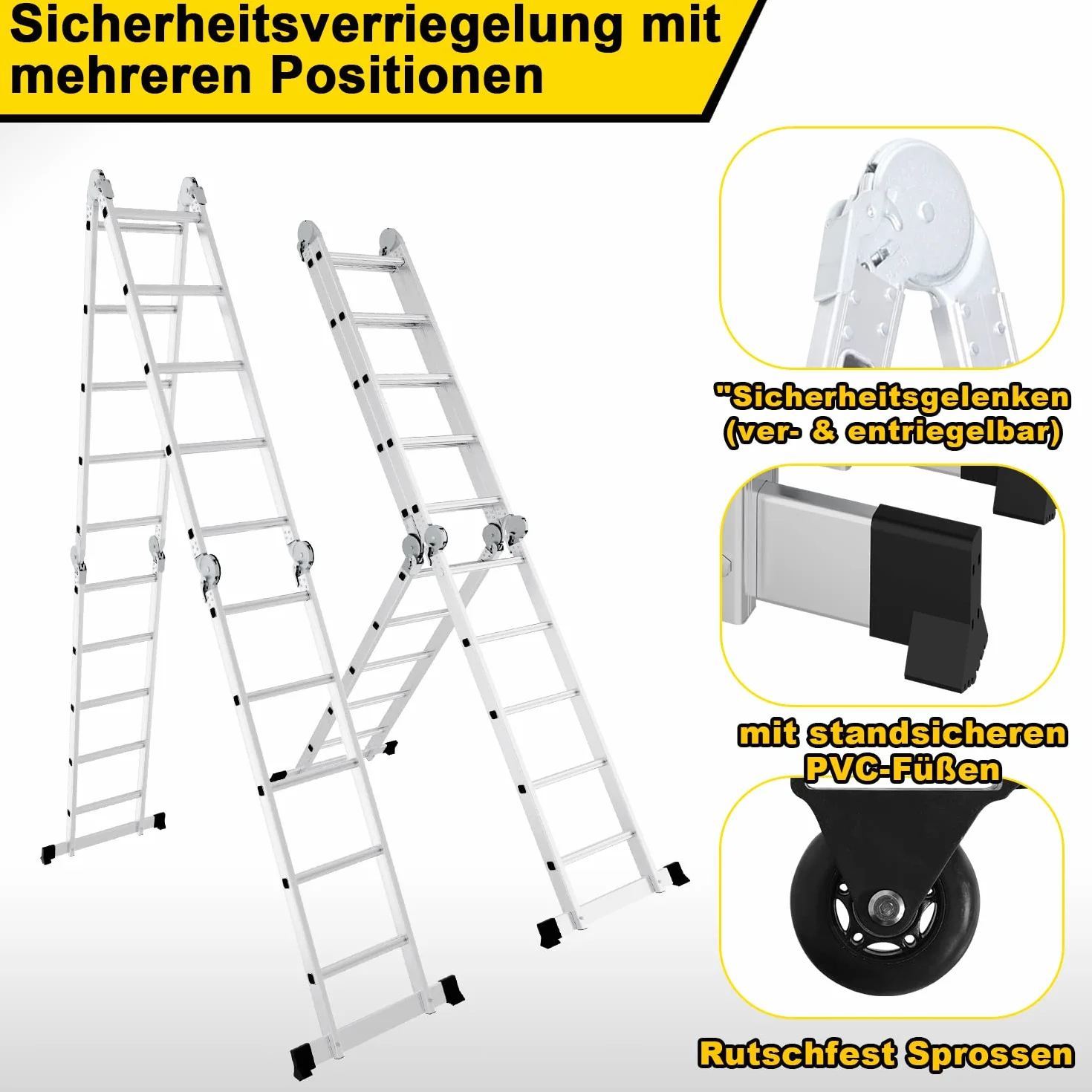 Randaco Wielofunkcyjna drabina 7 w 1, 582 cm, 4 x 5, aluminiowa, wielofunkcyjna, z 2 platformami i kółkami, drabina wielofunkcyjna, 20 szczebli, maks. obciążenie 150 kg, drabina przegubowa