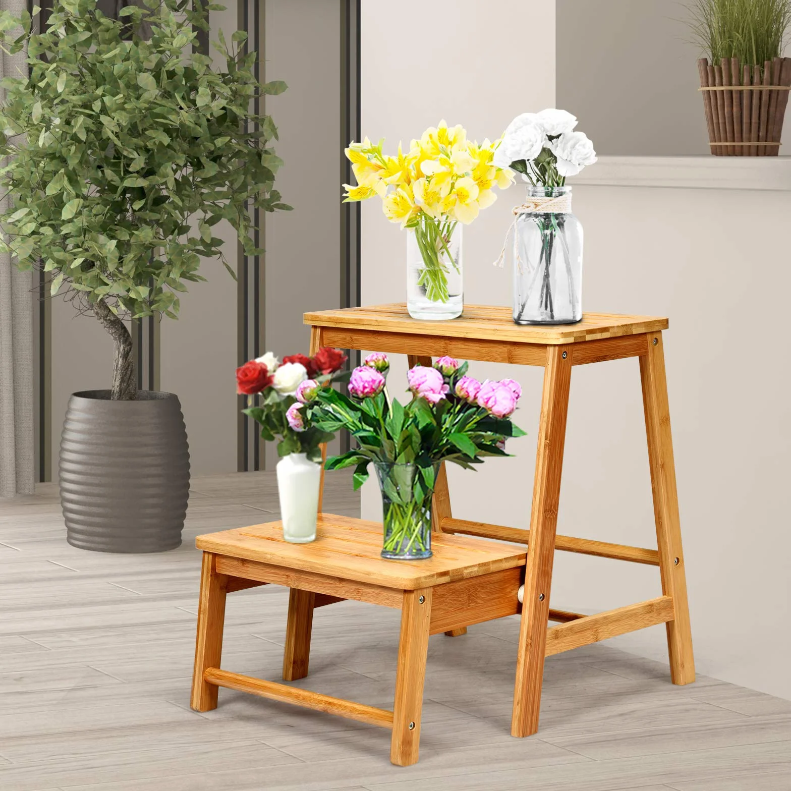 GIANTEX taboret 2 stopnie, krzesło drabinkowe z litego drewna składane, drabinka drabinkowa 45x33x48 cm, stojak drabinkowy drewniany mała drabinka do użytku domowego, składane stopnie bambusowe