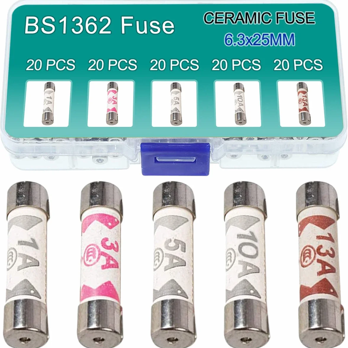 100 sztuk BS1362 bezpiecznik 3A 5A 10A 13A 1A amp 240V ceramiczne łączniki rurowe mieszane wtyczki domowe wtyczka UK Assortment Kit 6,3 x 25 mm 0,248 x 0,984 cala, 4 gniazda
