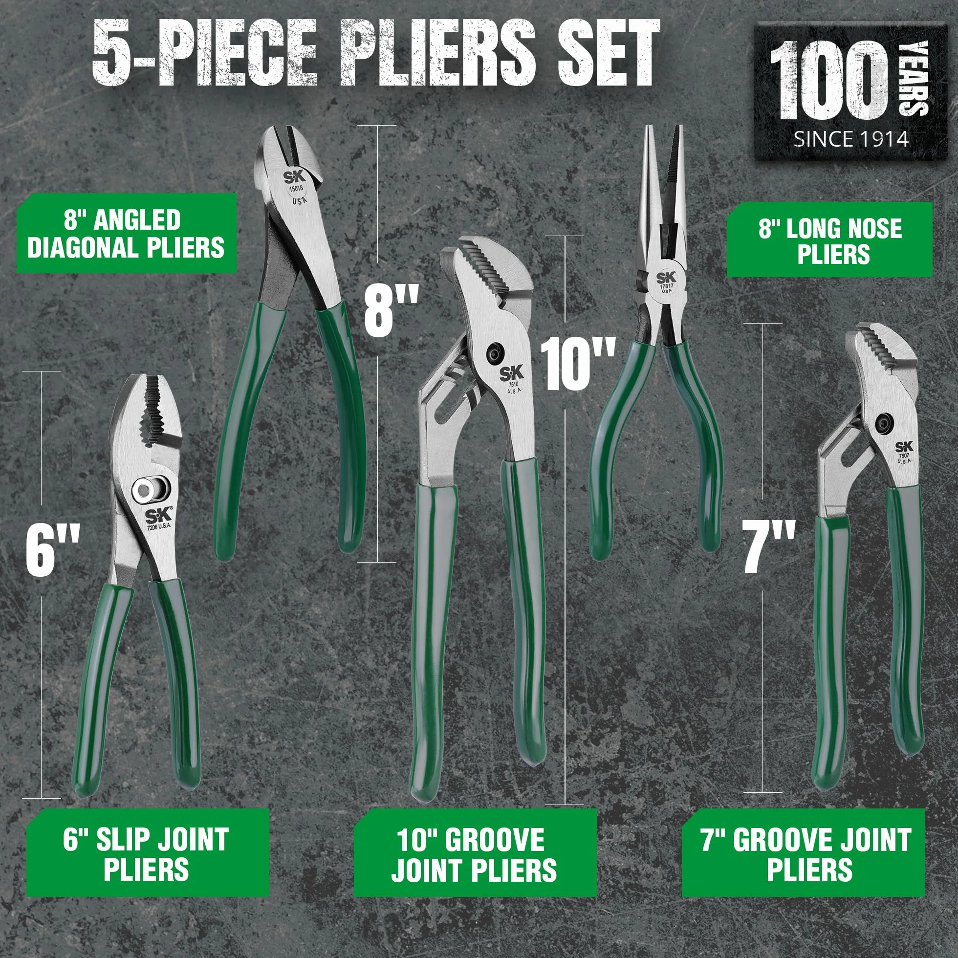 SK 17835 Plier Set– 5 Piece Joint Tongs Combination, Adjustable Cutters. General Purpose Power Hand Tool