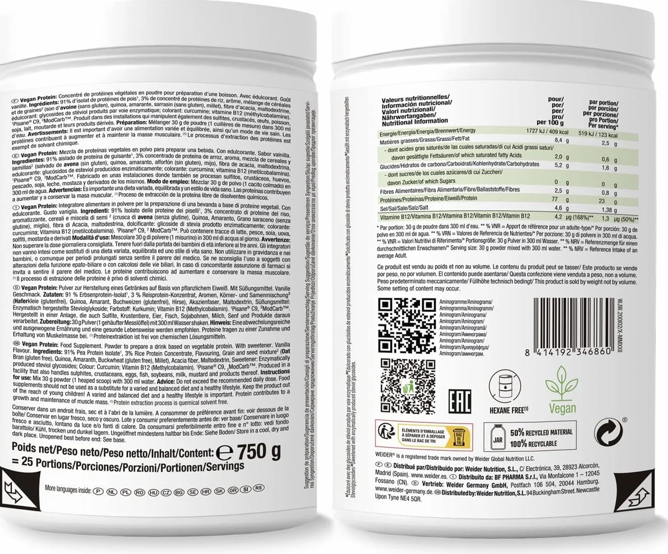 Weider Vegan Protein Izolat Białka Grochu i Ryżu 750 g Waniliowy