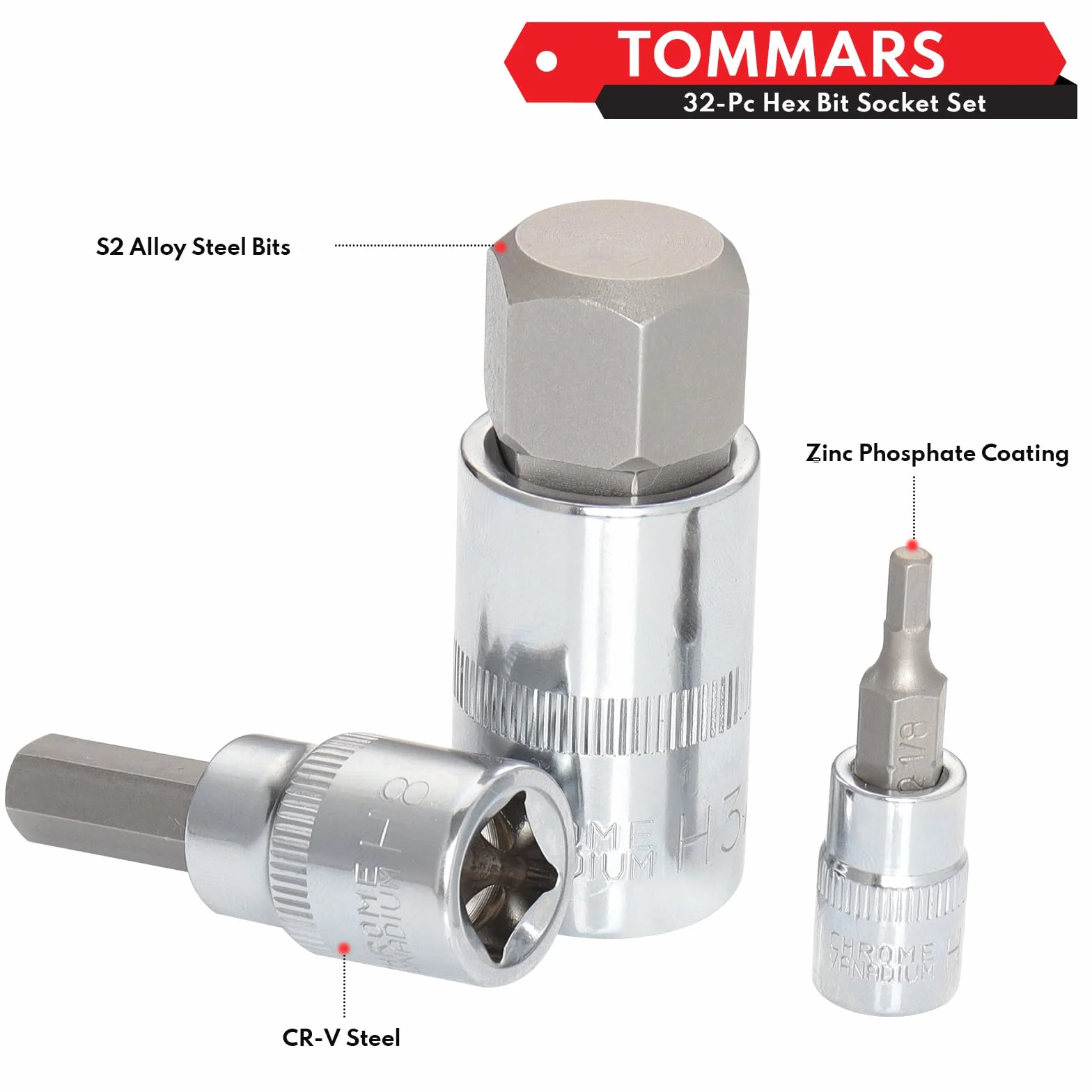 TOMMARS Zestaw sześciokątnych nasadek imbusowych 32 szt., calowy i metryczny zestaw bitów ze stali S2, 6,35 mm, 9,5 mm, 12,7 mm, H5/64, H3/4, H2, H19
