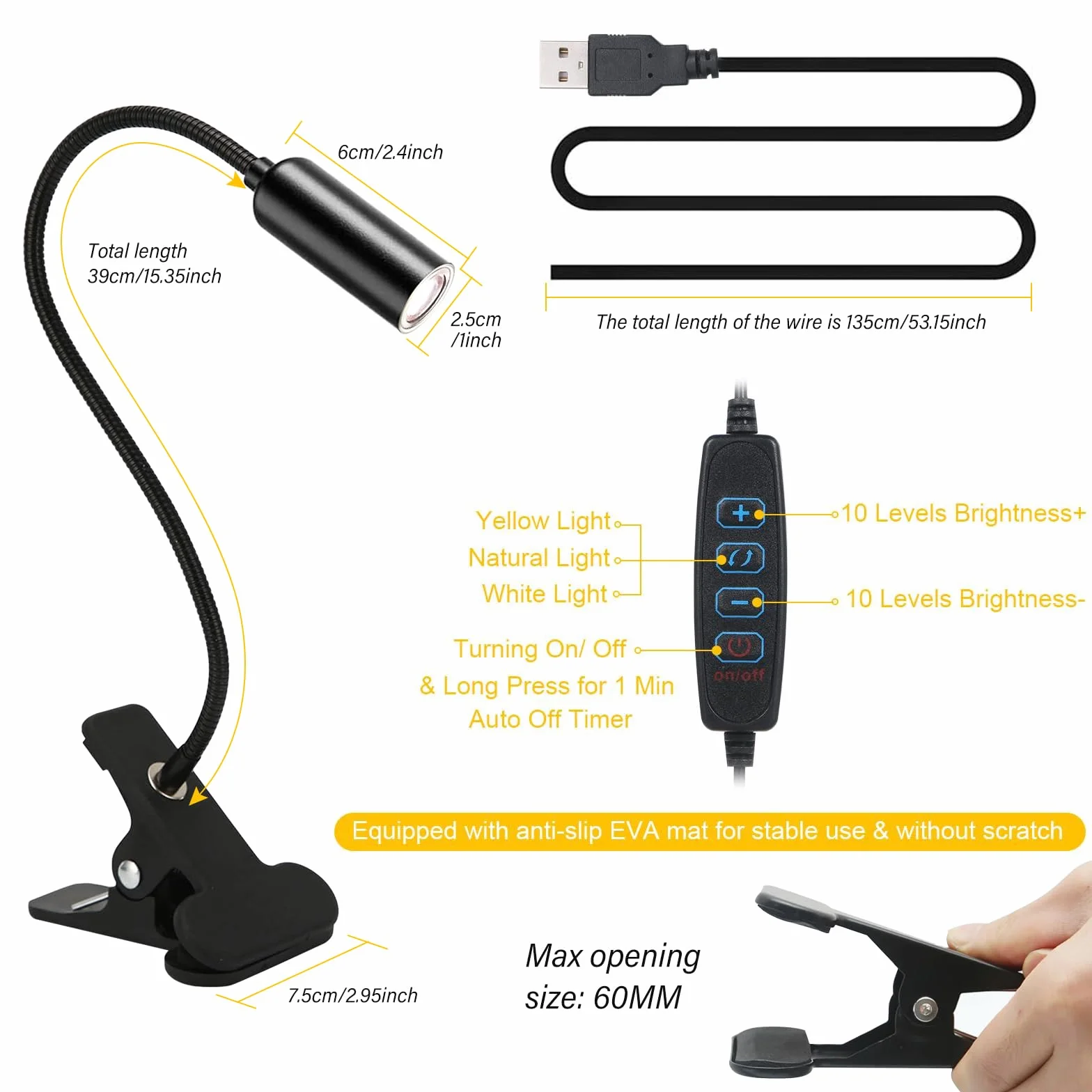 2 sztuki lamp zaciskowych LED z wtyczką, lampa biurkowa LED, zaciskowa, lampka do czytania książek, zacisk kablowy, lampka do czytania, zacisk do łóżka, elastyczna łabędzia szyja 360°, na biurko