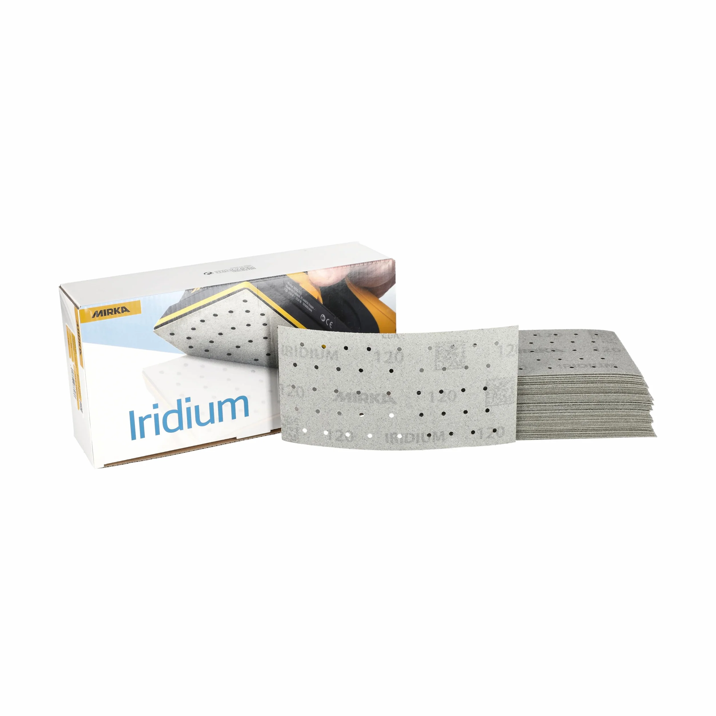 Mirka papier ścierny Iridium 93x180 mm rzep 45 otworów 120 grit | Papier ścierny Mirka Iridium 120 ziarnistość do szlifowania farb szpachli drewna stali i tworzyw sztucznych