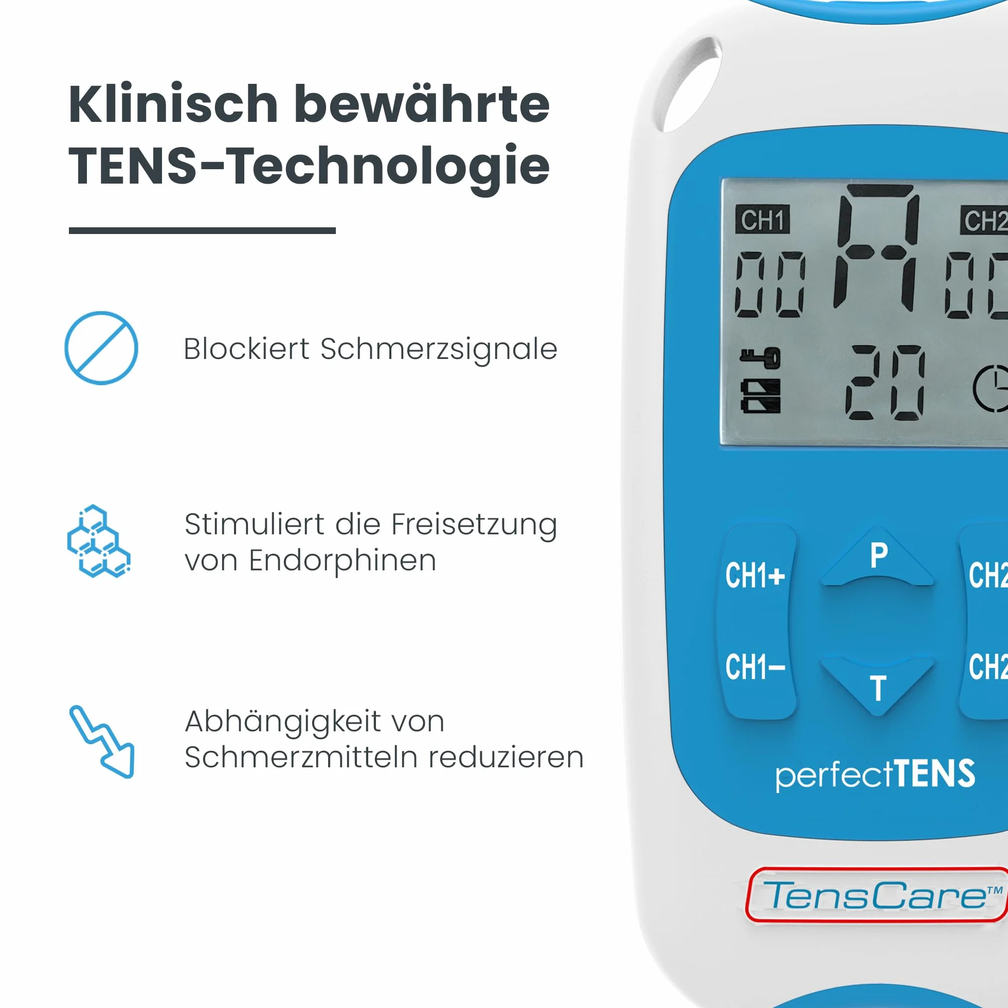TensCare Perfect TENS urządzenie TENS 2 kanały 16 elektrod do łagodzenia bólu