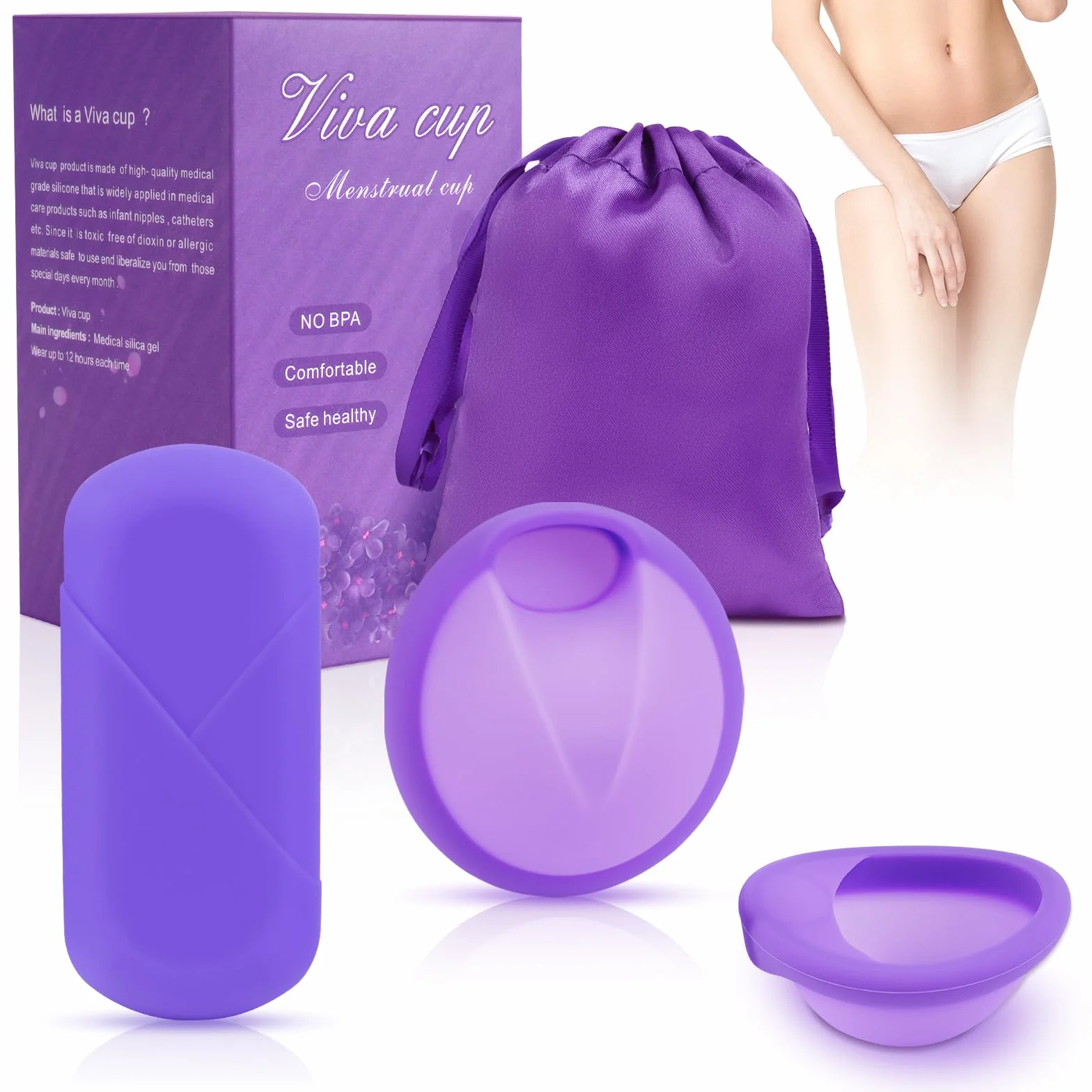 ACWOO Dyski menstruacyjne, 2 szt. dysków okresowych wielokrotnego użytku (S & L) z torbą do przechowywania, kubek płaski, silikonowy dysk księżycowy klasy medycznej, produkty higieniczne do