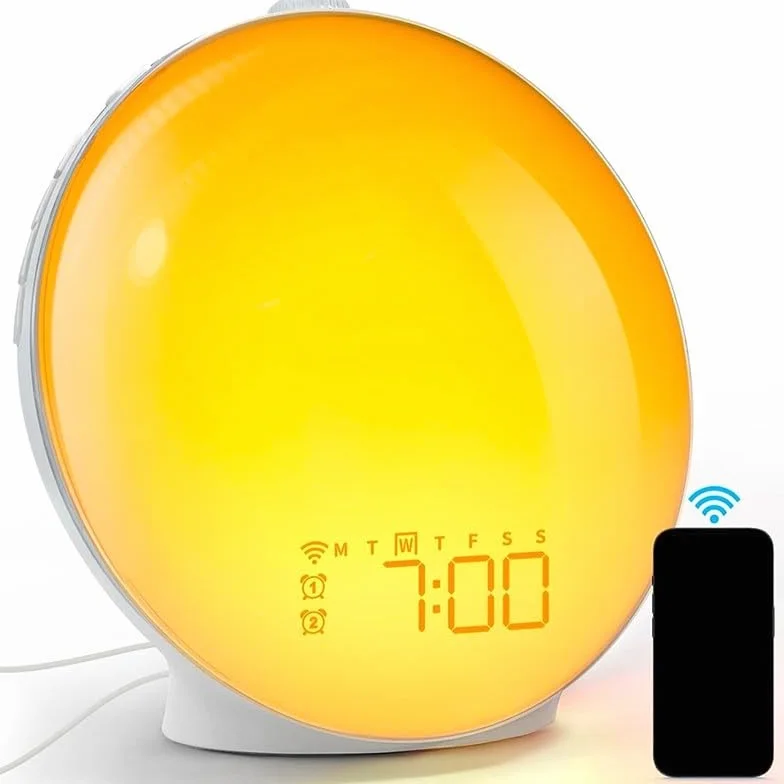 Zilimontt Budziki o wschodzie słońca, światło budzenia z symulacją wschodu słońca, podwójny alarm, lampka nocna przy łóżku, radio FM 7, uspokajający dźwięk, 18 kolorowych lamp nastrojowych (edycja