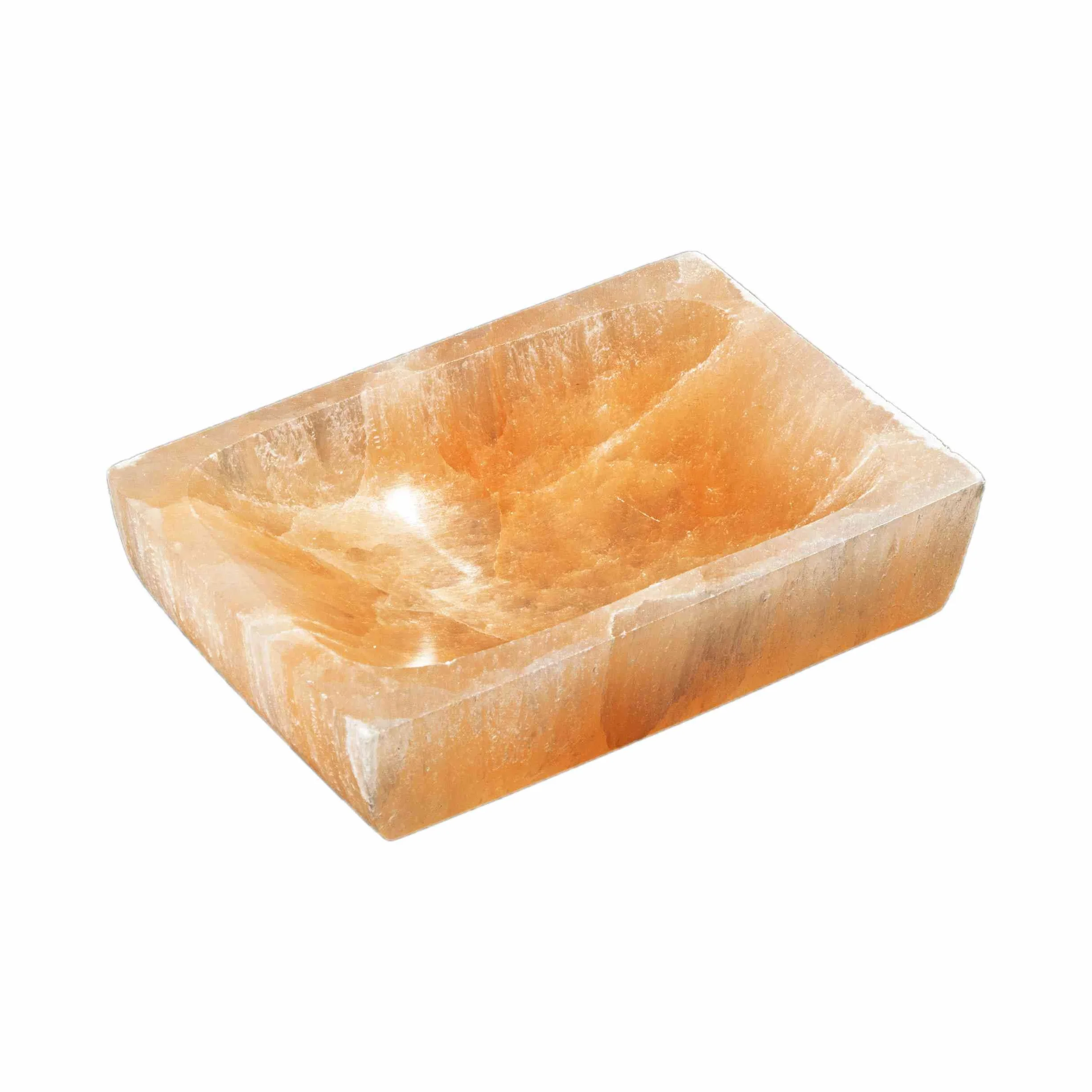 NKlaus Brzoskwinia selenitowa prostokątna misa 12 x 8 x 3 cm – ręcznie wykonana miska z selenitu brzoskwiniowego, idealna do kamieni szlachetnych, biżuterii i medytacji, naturalna dekoracja dla
