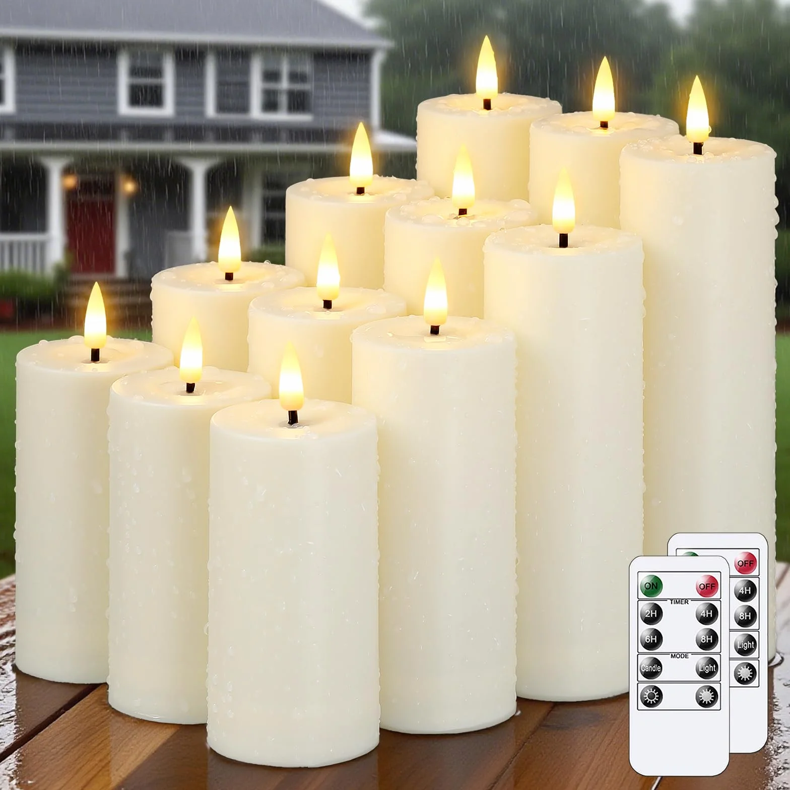 Zestaw 12 wodoodpornych migoczących bezpłomieniowych świec LED z timerem, 5,5 cm x 10 12,5 15 17,5 cm zdalne plastikowe w kolorze kości słoniowej do użytku na zewnątrz zasilane bateriami