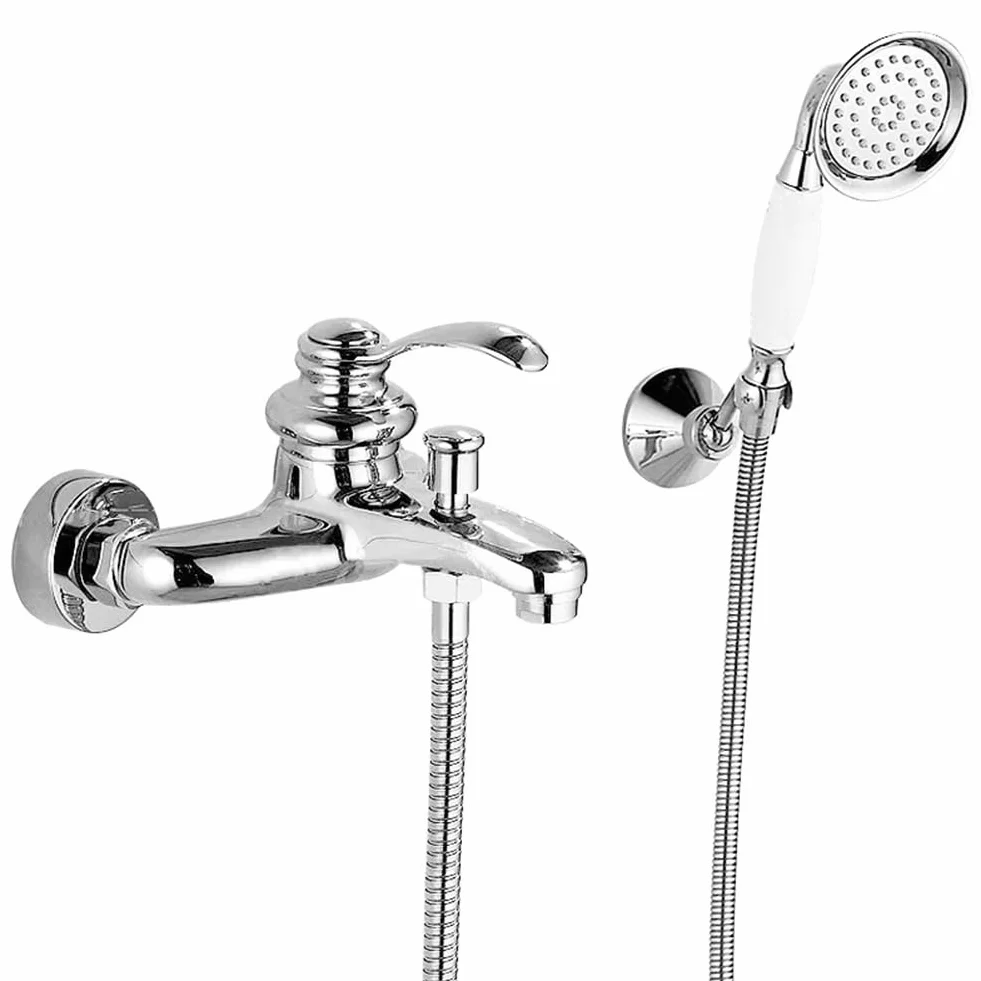 Mosiężna bateria wannowa w stylu vintage z ręcznym prysznicem – naścienny mikser retro, chromowane wykończenie, wąż 150 cm, idealny do eleganckiej renowacji łazienki