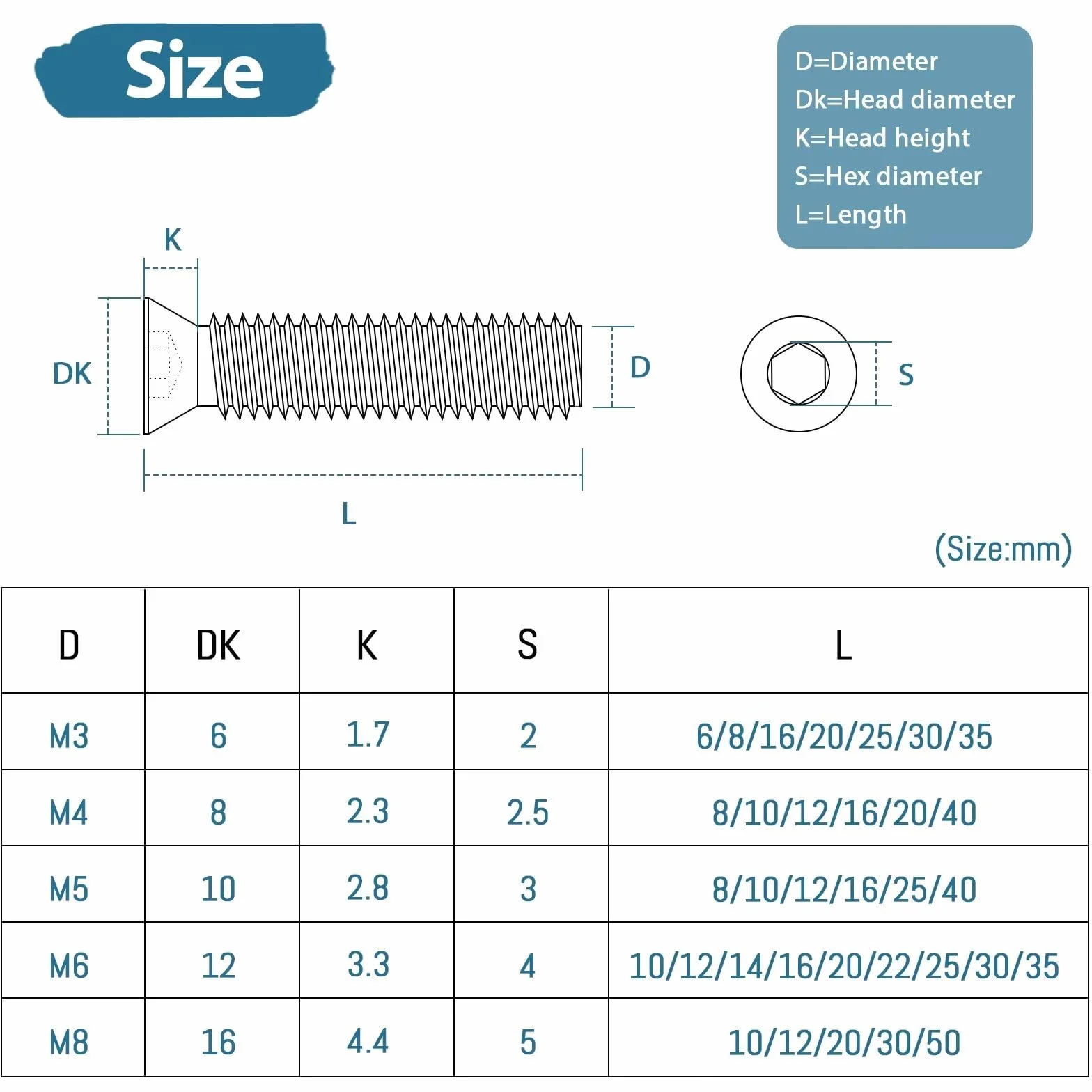 20 sztuk śrub z łbem wpuszczanym M6x20mm ze stali nierdzewnej, Leryati Din 7991 A2 V2A z wewnętrznym gniazdem sześciokątnym, śruba z wewnętrznym gniazdem sześciokątnym pełne gwinty śruby z łbem