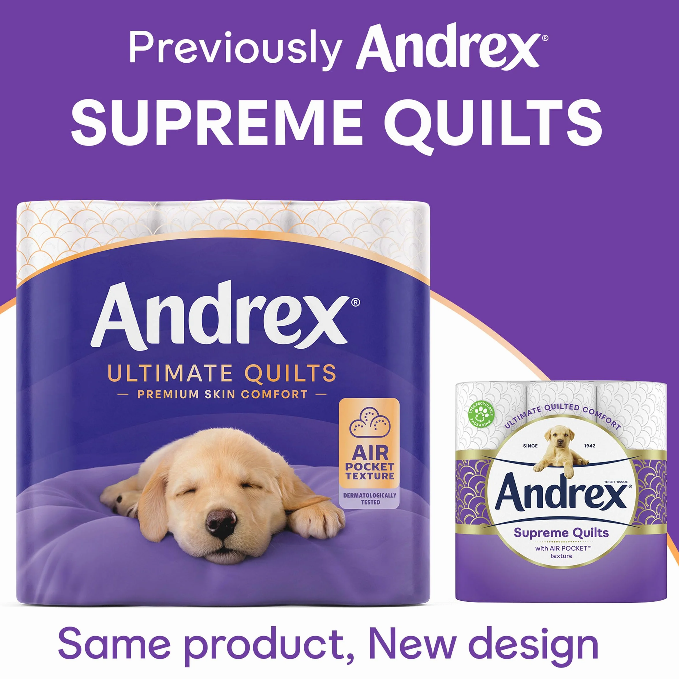 Andrex Pikowany papier toaletowy Supreme Quilts – pakiet papieru toaletowego – o 25% grubszy niż wcześniej, aby zapewnić najwyższy komfort pikowania z unikalną teksturą kieszeni powietrznej, 24