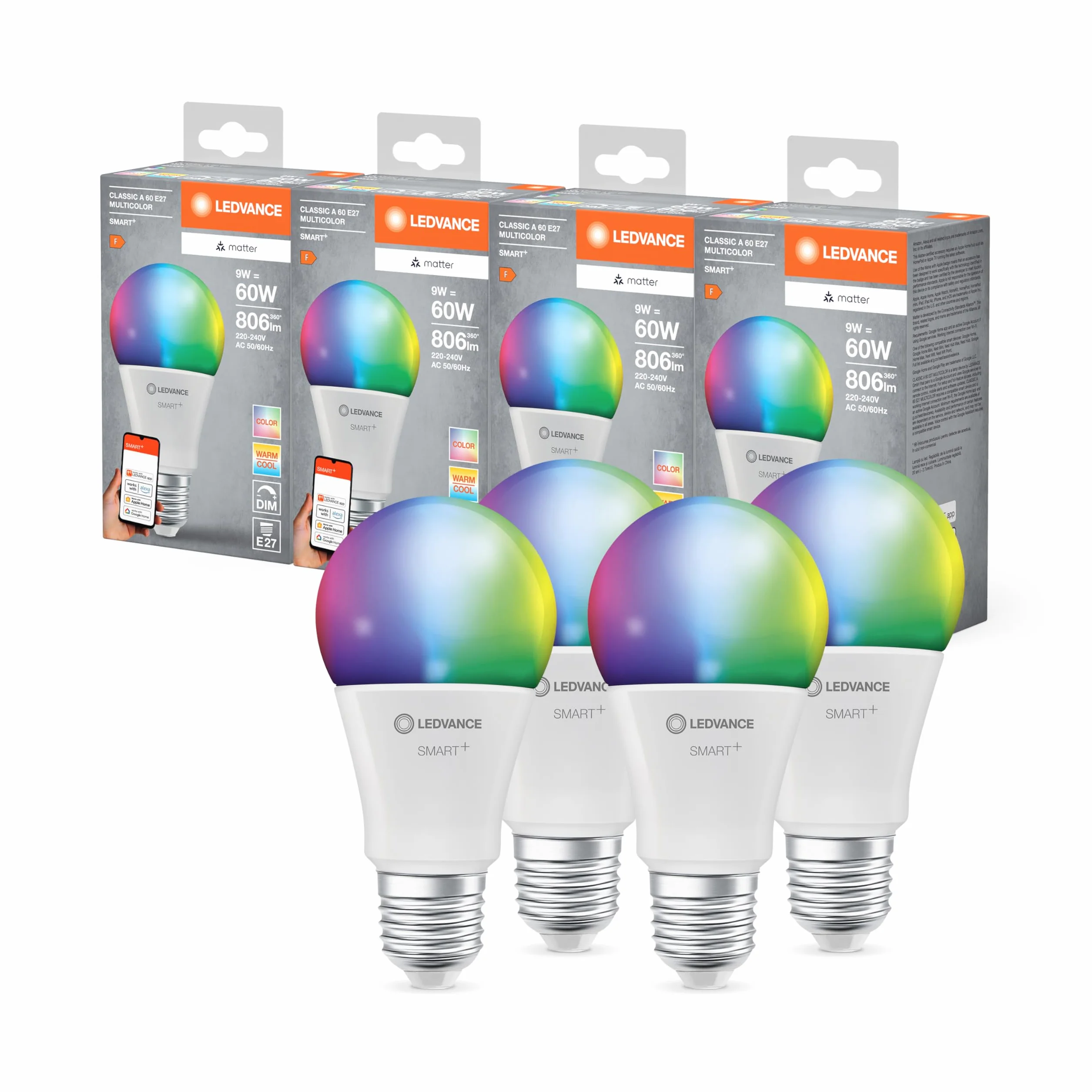 LEDVANCE Lampa LED SMART+ MATTER E27 9W 806lm biała matowa kompatybilna z Google Alexa Apple pakiet 4