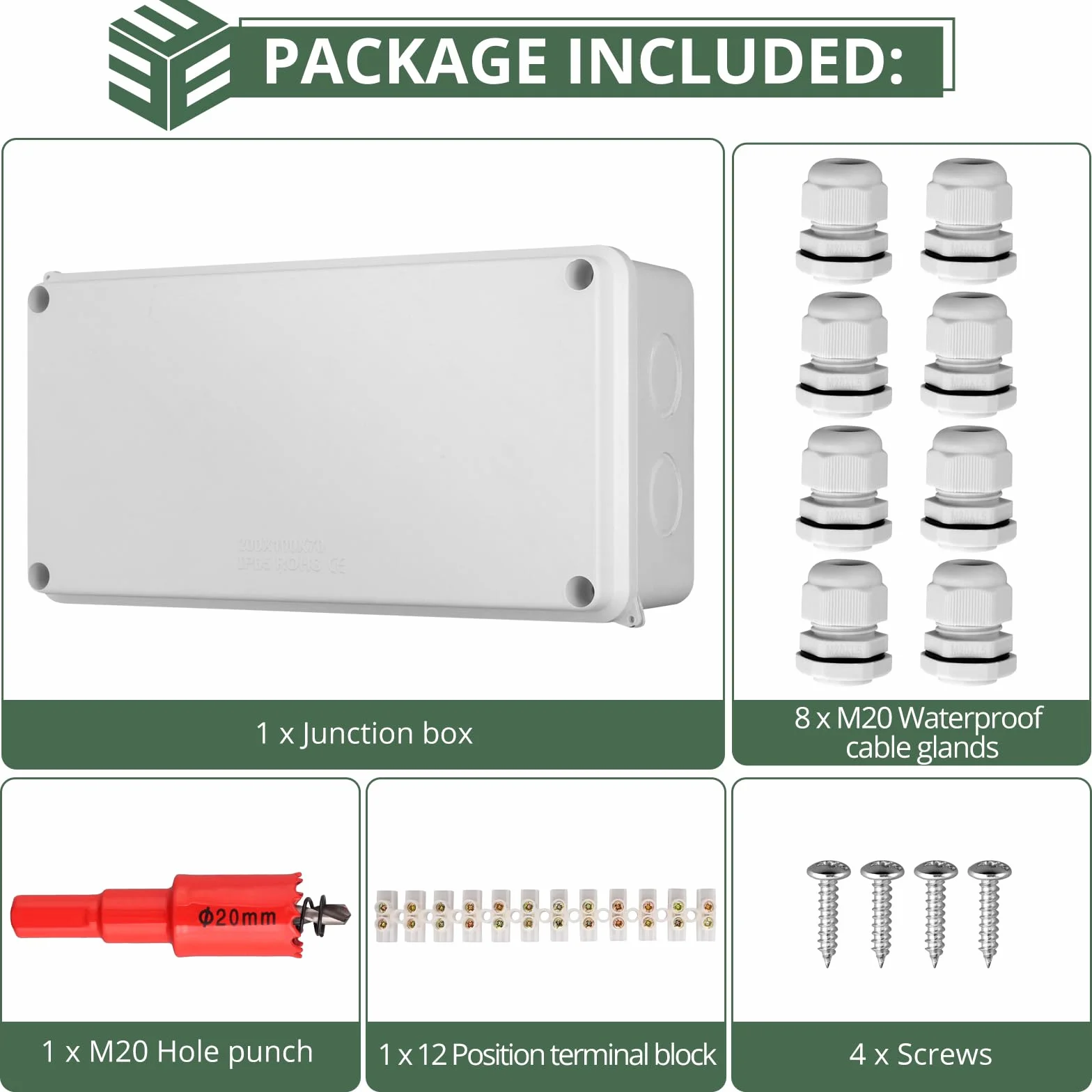 EYPINS Puszki rozgałęźne IP65 wodoszczelne, puszka rozdzielcza natynkowa 200 x 110 x 70 mm ze śrubą i wodoszczelnymi dławikami kablowymi, kolor biały