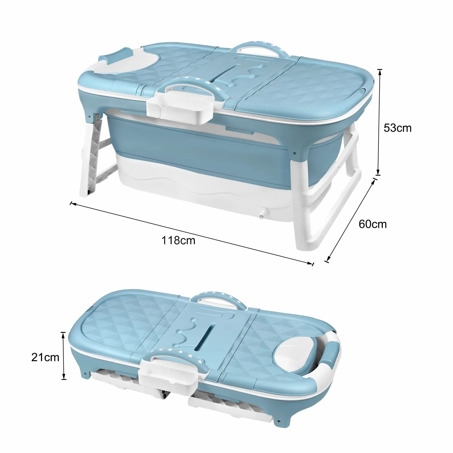Składana wanna dla dorosłych, 118 x 62 x 52 cm, składana, z pokrywą, rolkami do masażu i koszem na mydło – mobilna do małych łazienek i SPA
