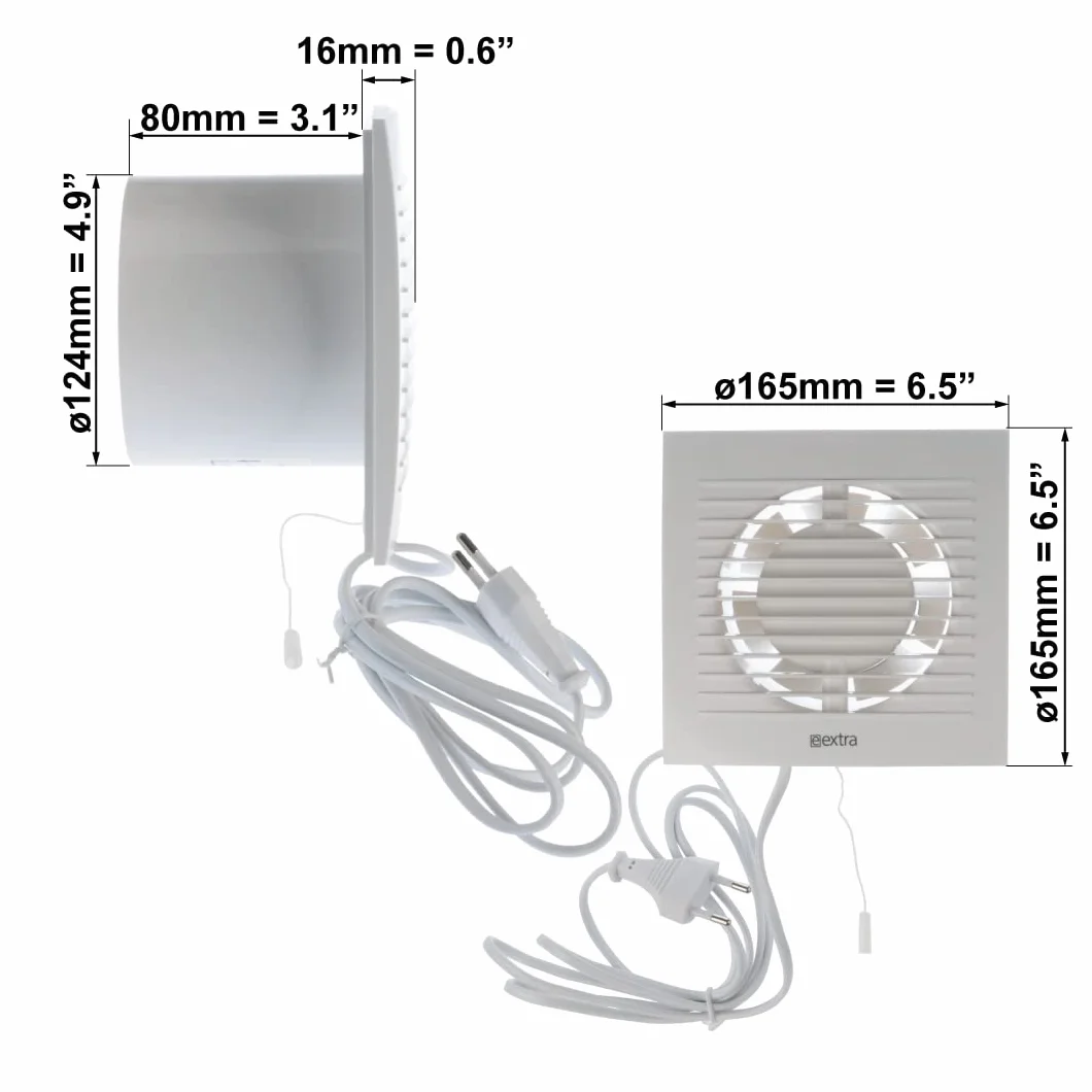 Europlast Wentylator wyciągowy z kablem, Ø 125 mm, cichy naścienny wyciąg powietrza do kuchni, łazienki, toalety domowej, tworzywo sztuczne, biały