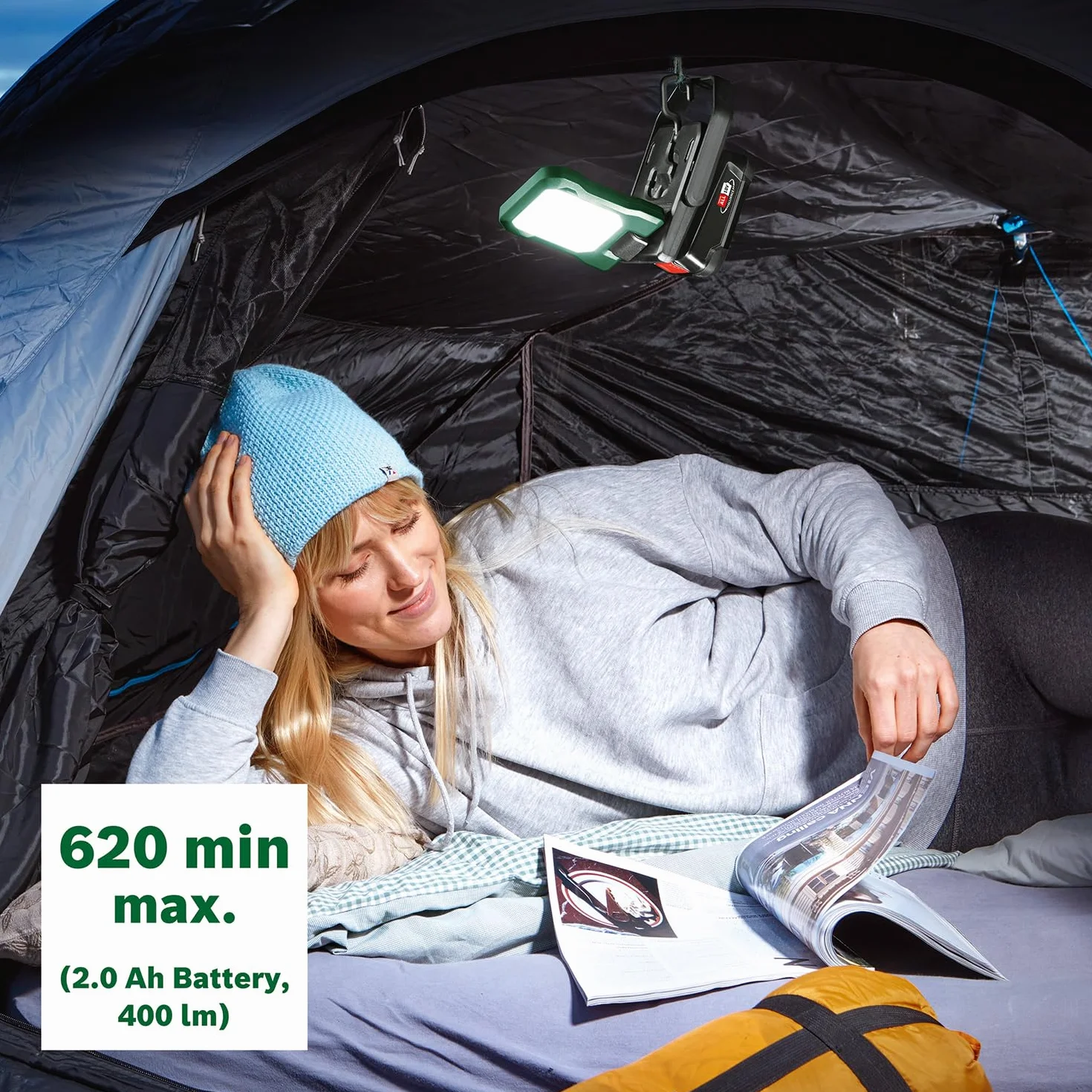 Bosch akumulatorowa lampa LED/kempingowa EasySpotLight 18V-400 (światło ciepłe/zimne, 3 ustawienia jasności, składana/obrotowa głowica: 360°/180°, system 18V, powerbank USB-C®, bez akumulatora)