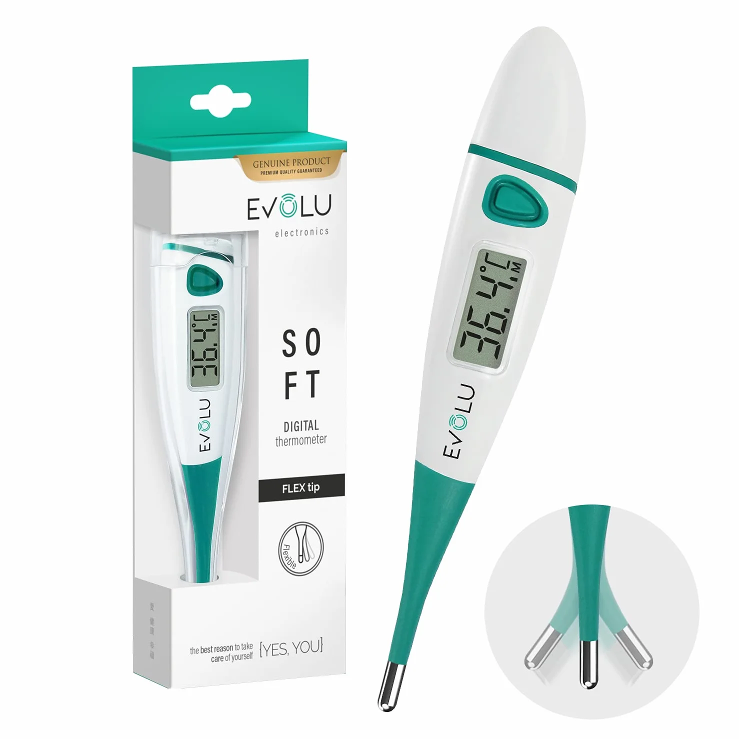 Evolu Cyfrowy termometr - temperatura ustna, doodbytnicza lub pod pachami w 10 sekund - elastyczny punkt, dla niemowląt, dzieci, dorosłych - dokładność do 0,1°C - czytelny wyświetlacz z etui