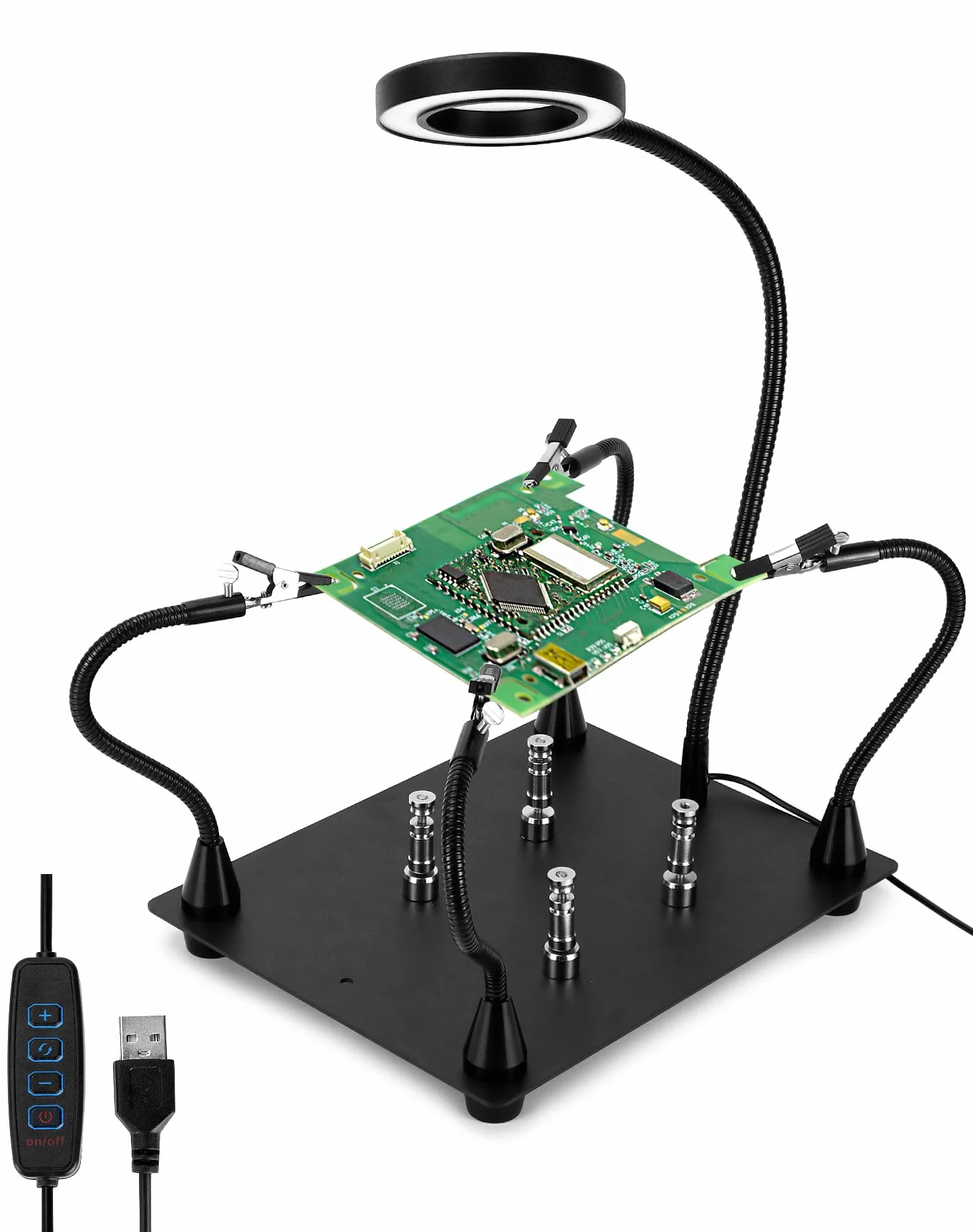 QWORK® Lutowanie z trzeciej ręki, z lampą powiększającą LED 6X, 4 ramionami pomocniczymi do lutowania, 4 kolumnami PCB