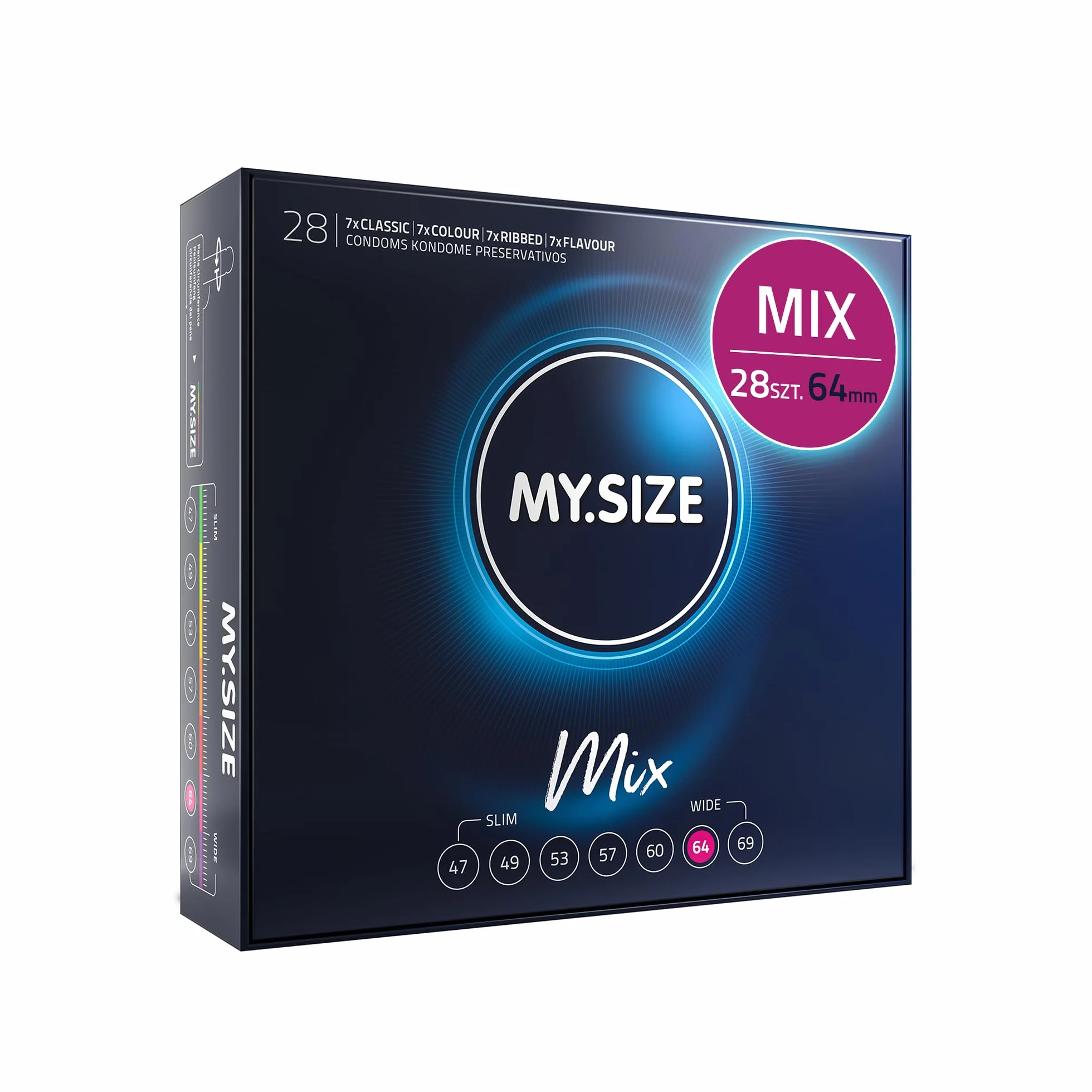 MY.SIZE Mix prezerwatywy 28 sztuk 64 mm rozmiar 6 smakowe kolorowe prążkowane klasyczne