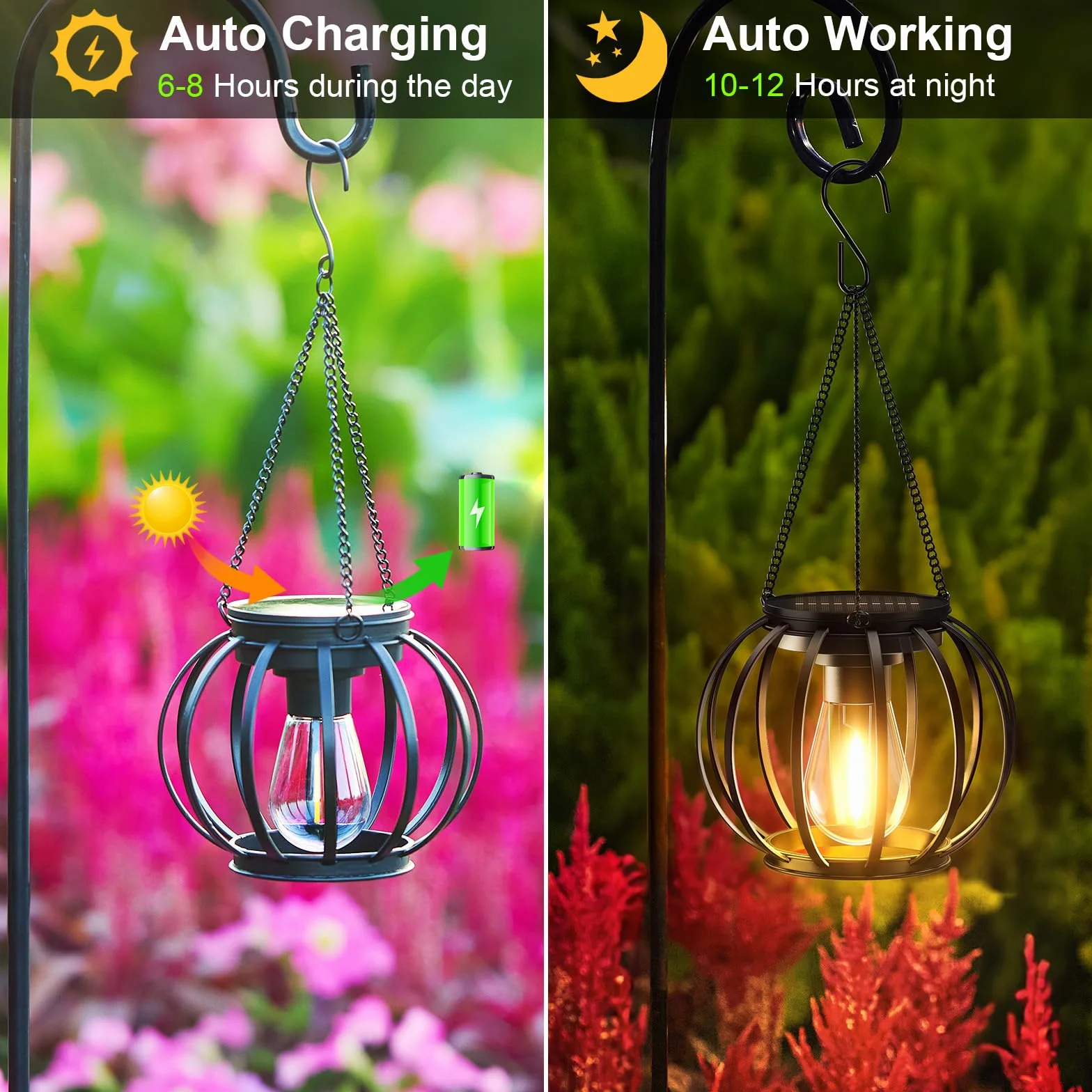 BUCASA Wiszące lampy ogrodowe do użytku na zewnątrz, 2 sztuki latarnie solarne do użytku na zewnątrz, z dużą żarówką LED, wodoszczelność, metalowe, lampy solarne do użytk (Okrągły czarny, 2 Pack)