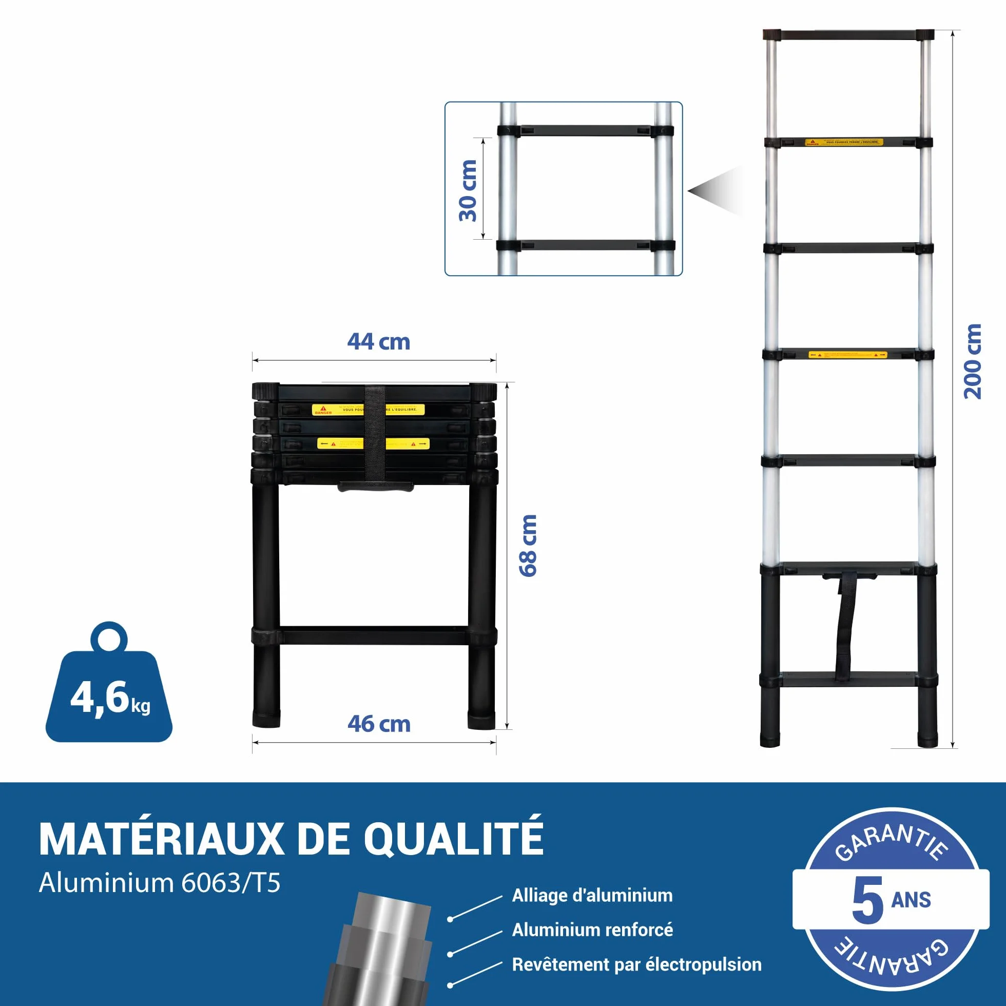 HOSTROM Drabina teleskopowa 2m TELESCOO7, aluminiowa, składana, rozciągliwa, maksymalna wysokość robocza 2,9 m, Standard EN131, 5 lat