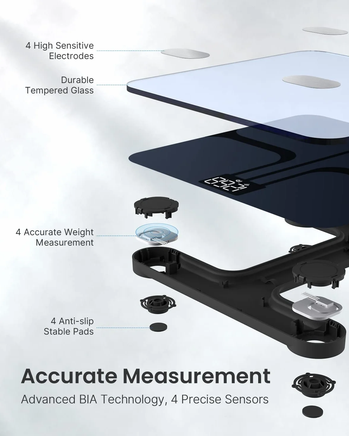 RENPHO Inteligentne Wi-Fi Wagi tkanki tłuszczowej do masy ciała, Cyfrowa waga łazienkowa Waga Bluetooth, Monitor składu ciała Wagi BMI z aplikacją na smartfona do toru fitness, technologia Step-On, czarny