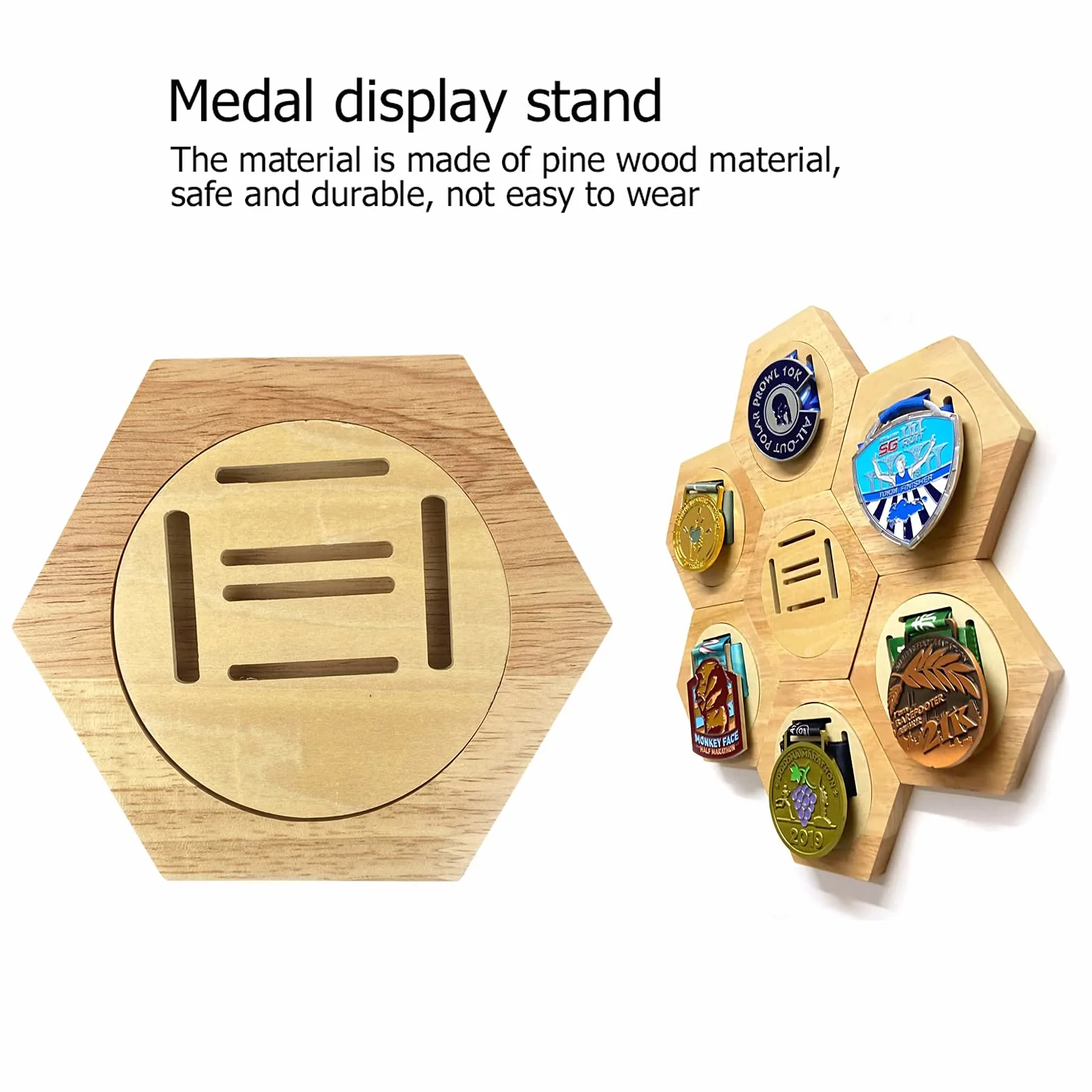 RGW Wieszak na medal, stojak ekspozycyjny, drewniana dekoracja, sześciokątny uchwyt na medal o strukturze plastra miodu, etui na medale sportowe, lekkoatletyka, spartańskie, wyścigi, bieganie,