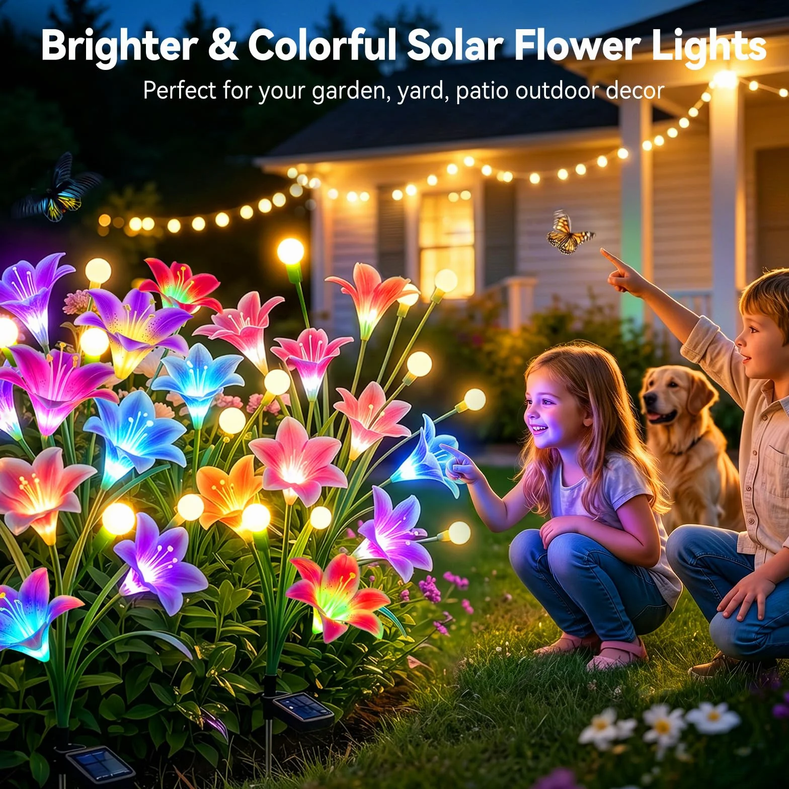BUCASA Lampy solarne Firefly do ogrodu na zewnątrz, 4 szt. 36 diod LED, jasne lampy solarne do użytku na zewnątrz z ciepłymi, białymi świetlikami i wielokolorowymi kwiatami lilii, ulepszone, kołyszące