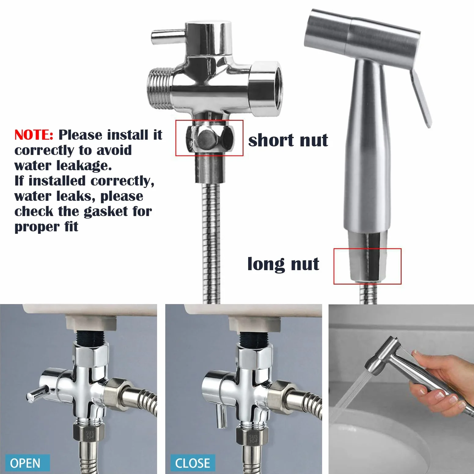Bidet ręczny spray do toalety ze stali nierdzewnej z zaworem 3-drożnym 1/2"-3/8"