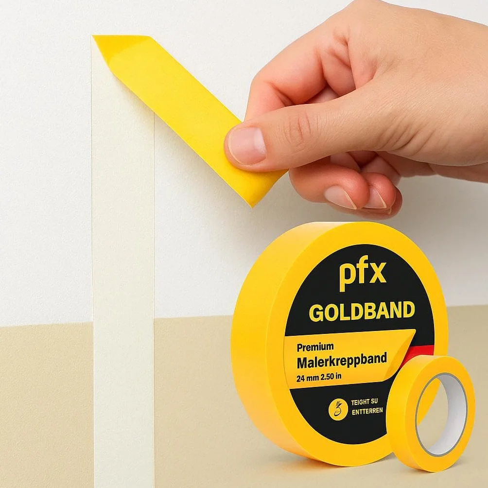 Taśma malarska PfX Goldband – 3 x taśma malarska 24 mm x 50 m (rolka), profesjonalna taśma maskująca, taśma Washi Tape, złota taśma papierowa, samoprzylepna, czyste krawędzie i precyzyjne naklejanie
