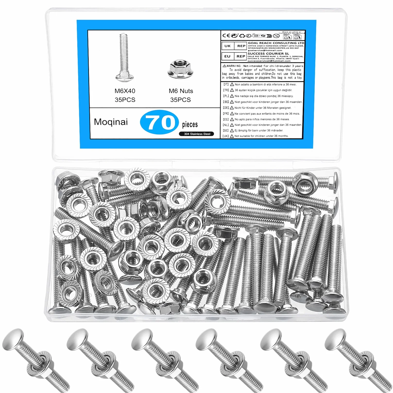 70 szt. Śruby Zamkowe M6 x 40 mm, Zestaw Śrub z Nakrętkami Kołnierzowymi, Śruby z Łbem Półokrągłym ze Stali Nierdzewnej, Do Bram z Nakrętkami