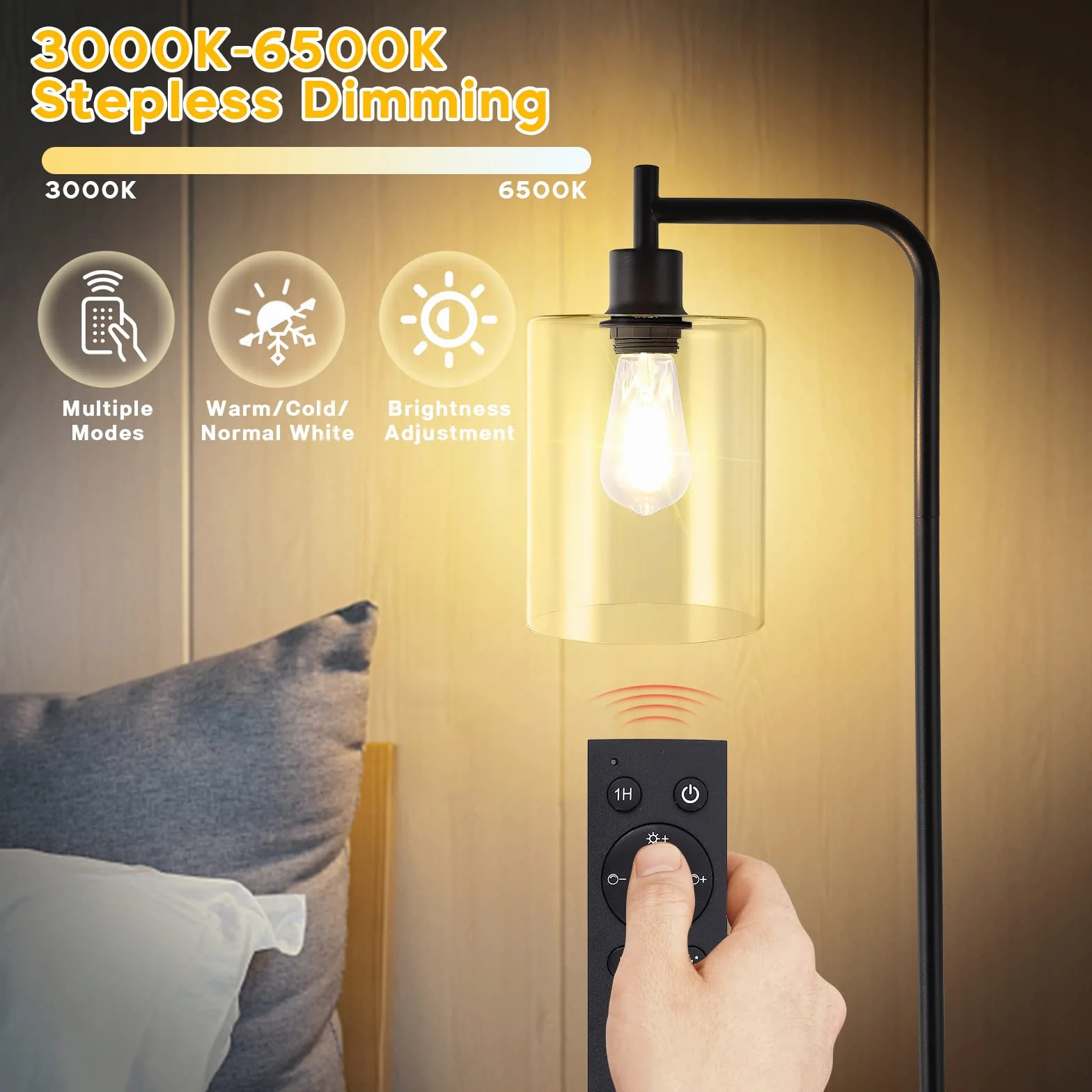 Lampa stojąca LED, ściemniana, 2700 K-6500 K, pilot zdalnego sterowania i obsługa nożną, lampa stojąca w stylu retro, nowoczesna lampa do czytania do sypialni, biura, studia, czarna, 166 cm