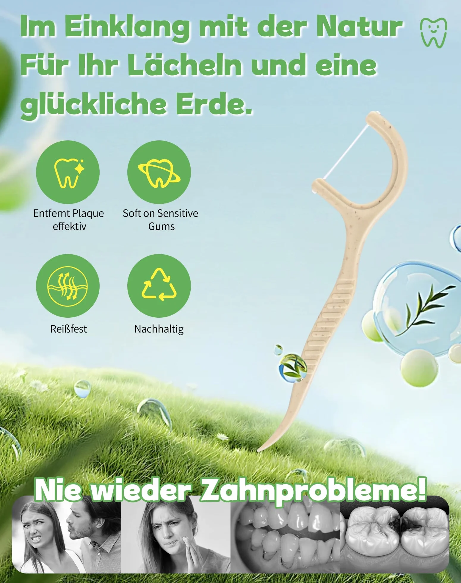 300 patyczków z nicią dentystyczną, ekologiczne, nienawoskowane nici dentystyczne z wykałaczką, nie plastyczne, naturalne, niewoskowane patyczki dentystyczne
