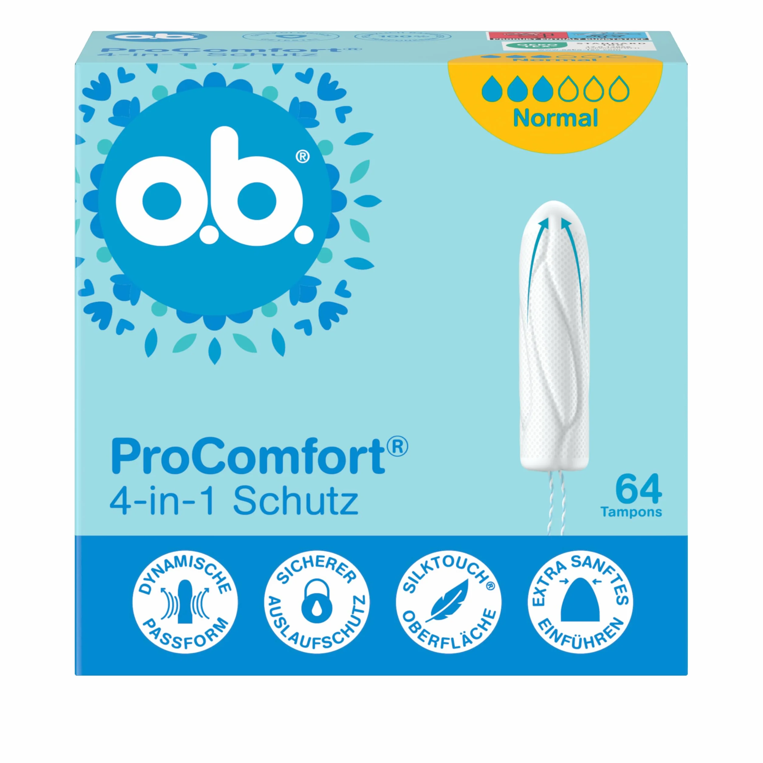 o.b. ProComfort normalne tampony 4 w 1 64 szt. bardzo delikatna końcówka 100% ochrona przed wyciekiem