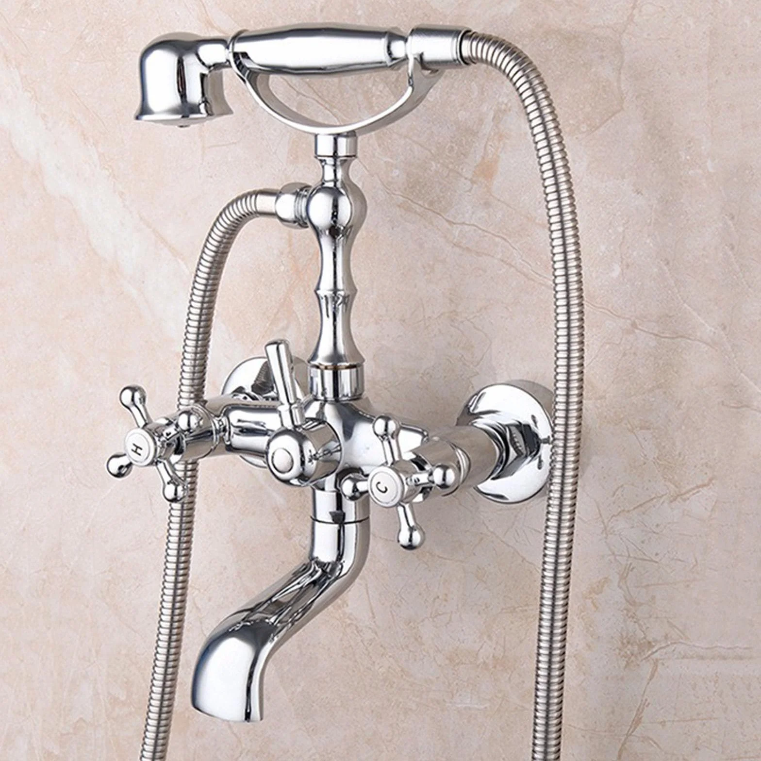 ISCBAFYX Baterie wannowe z natryskiem Montowana na ścianie retro Bateria wannowo-prysznicowa z przełącznikiem, chromowana