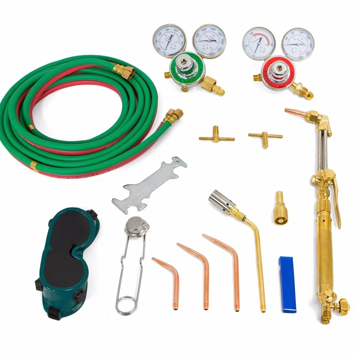 XtremepowerUS Zestaw palnika do cięcia lutowania tlenowego i acetylenowego, gazowy z 3 dyszami, zestaw regulatora węża o długości 11,5 stóp CGA 540, etui do przenoszenia gogli
