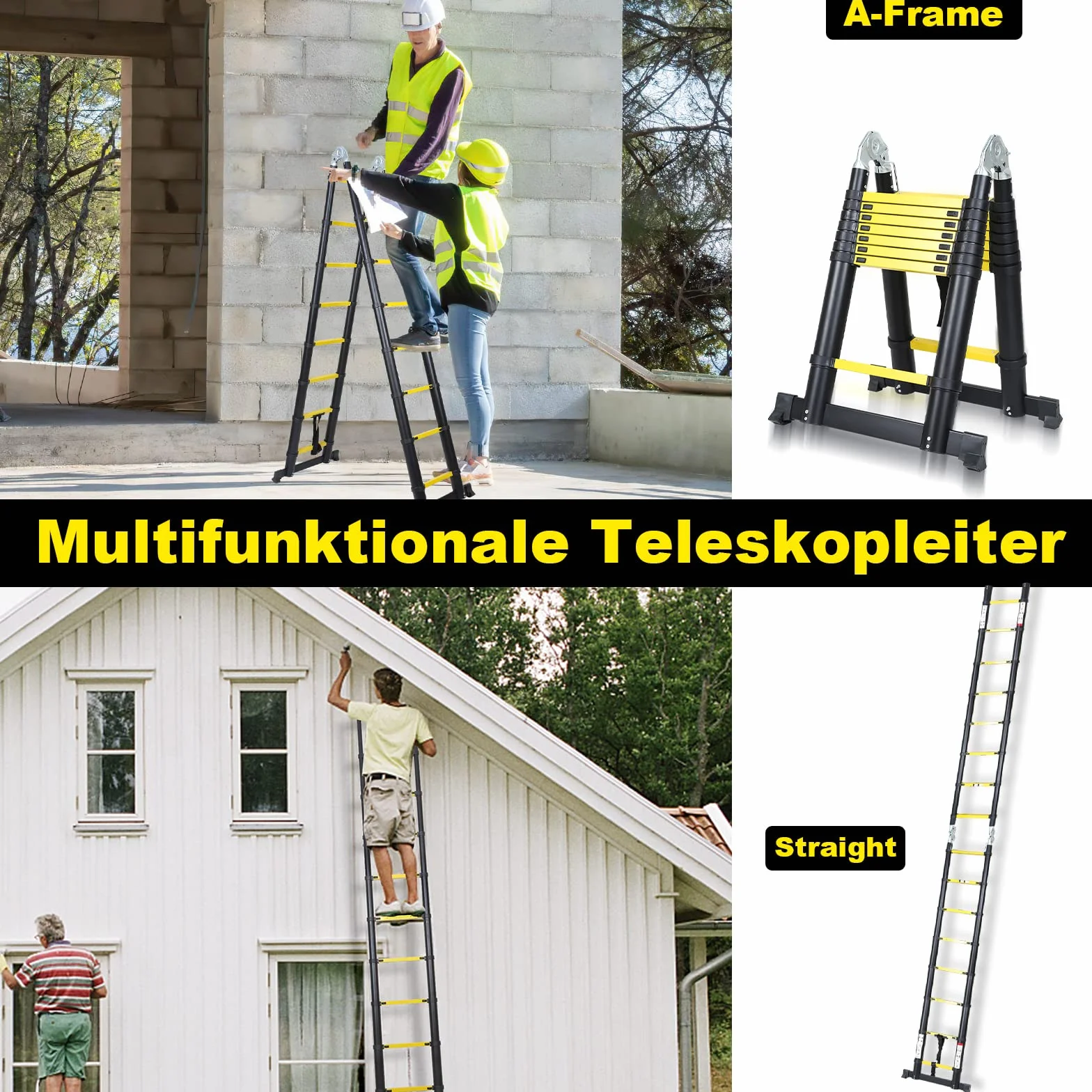 Randaco Składana drabina teleskopowa, 5 m, aluminiowa, wielofunkcyjna, teleskopowa, wysuwana, składana, antypoślizgowa, maks. obciążenie 150 kg, czarno-żółta