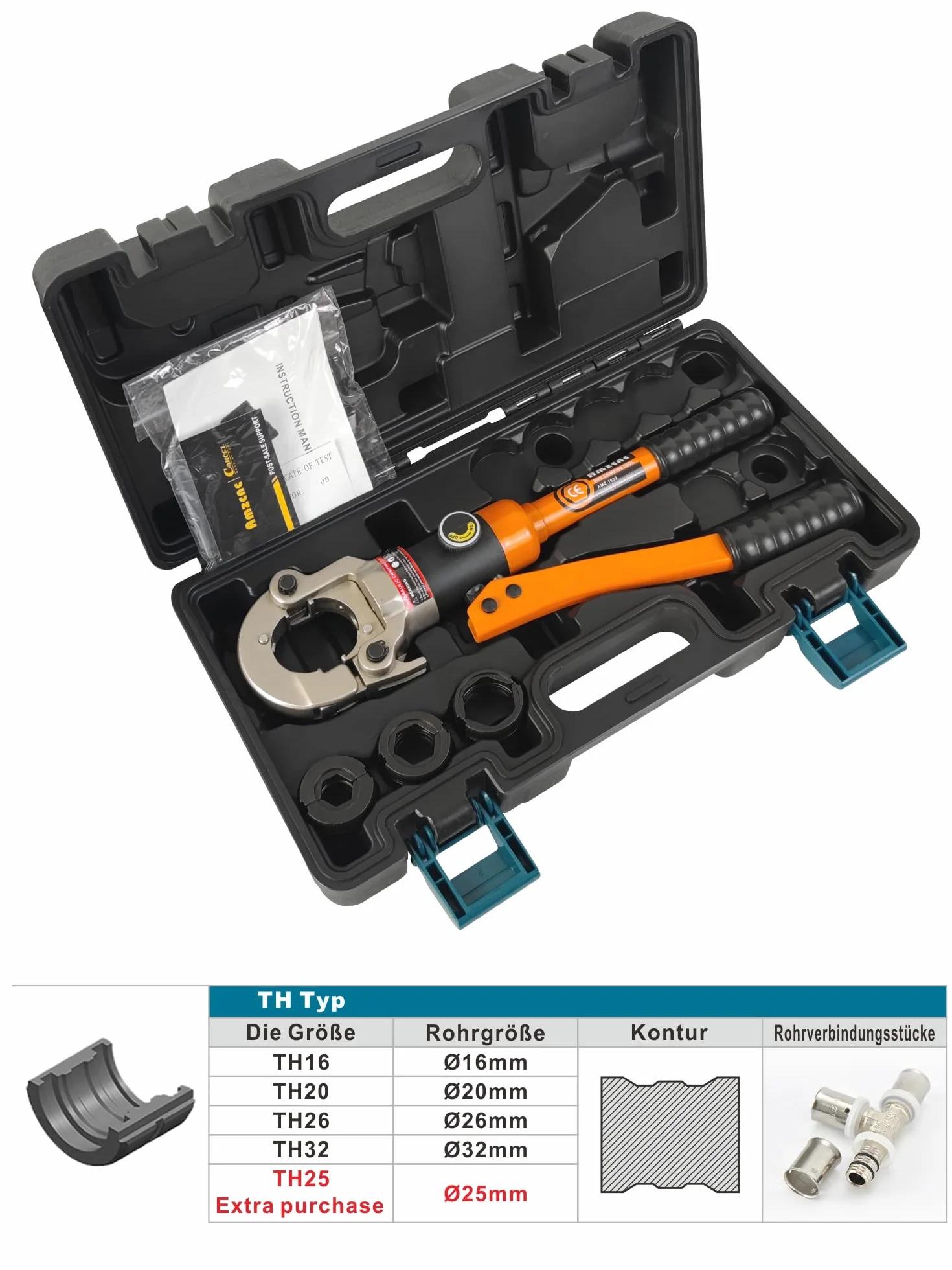 AMZCNC Profi Presszange TH-Kontur 16-20-26-32 Zestaw narzędzi do zaciskania z obrotowym 360° uchwytem, do rur kompozytowych z złączkami TH-Kontur, wkładki do zaciskania TH16, TH20, TH26, TH32 w