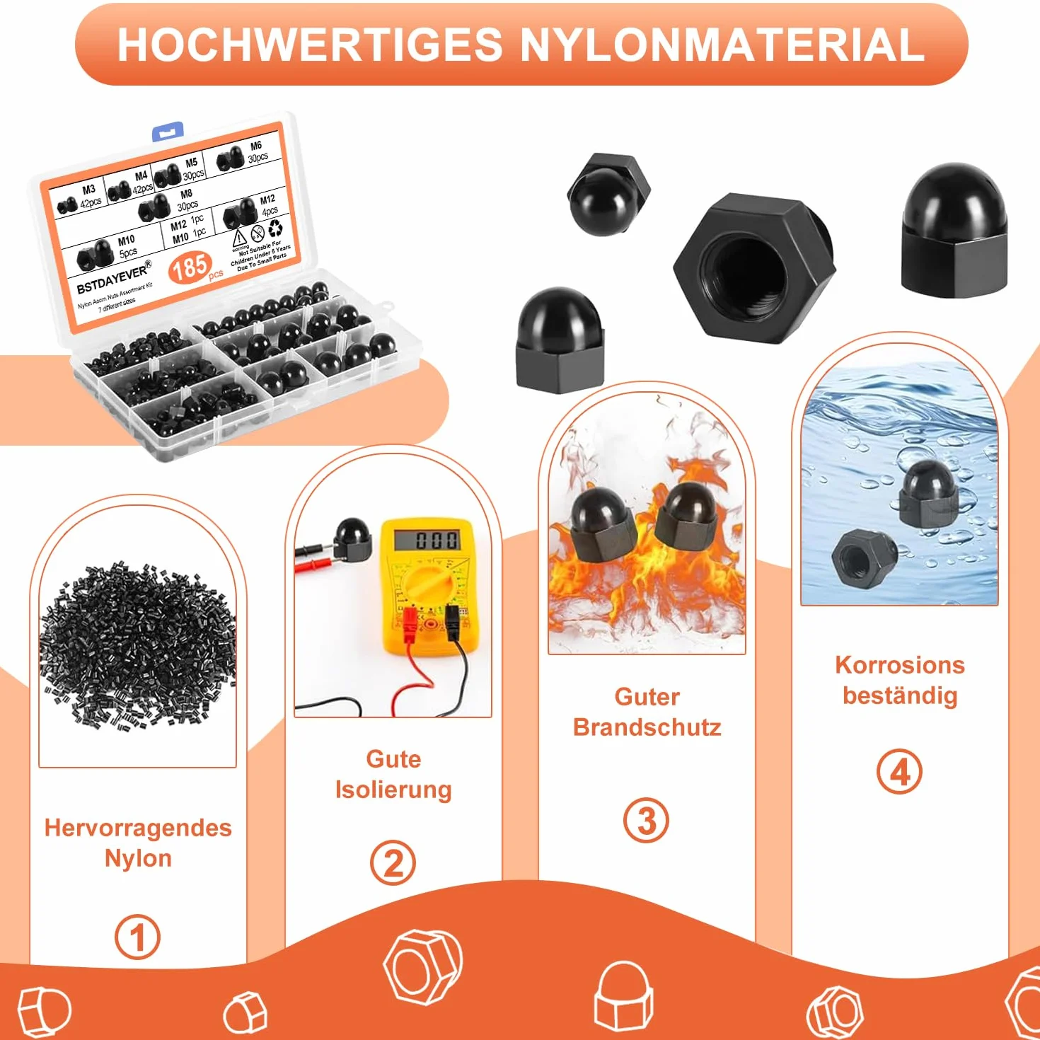 Nakrętki do kapeluszy M3/M4/M5/M6/M8/M10/M12 Nakrętki ślepe, 185 sztuk, ochrona przed rdzą, ochrona przed rdzą, trwała nakrętka kopułowa, do śrub, gwintowanych, prętów gwintowanych (czarny, nylon)