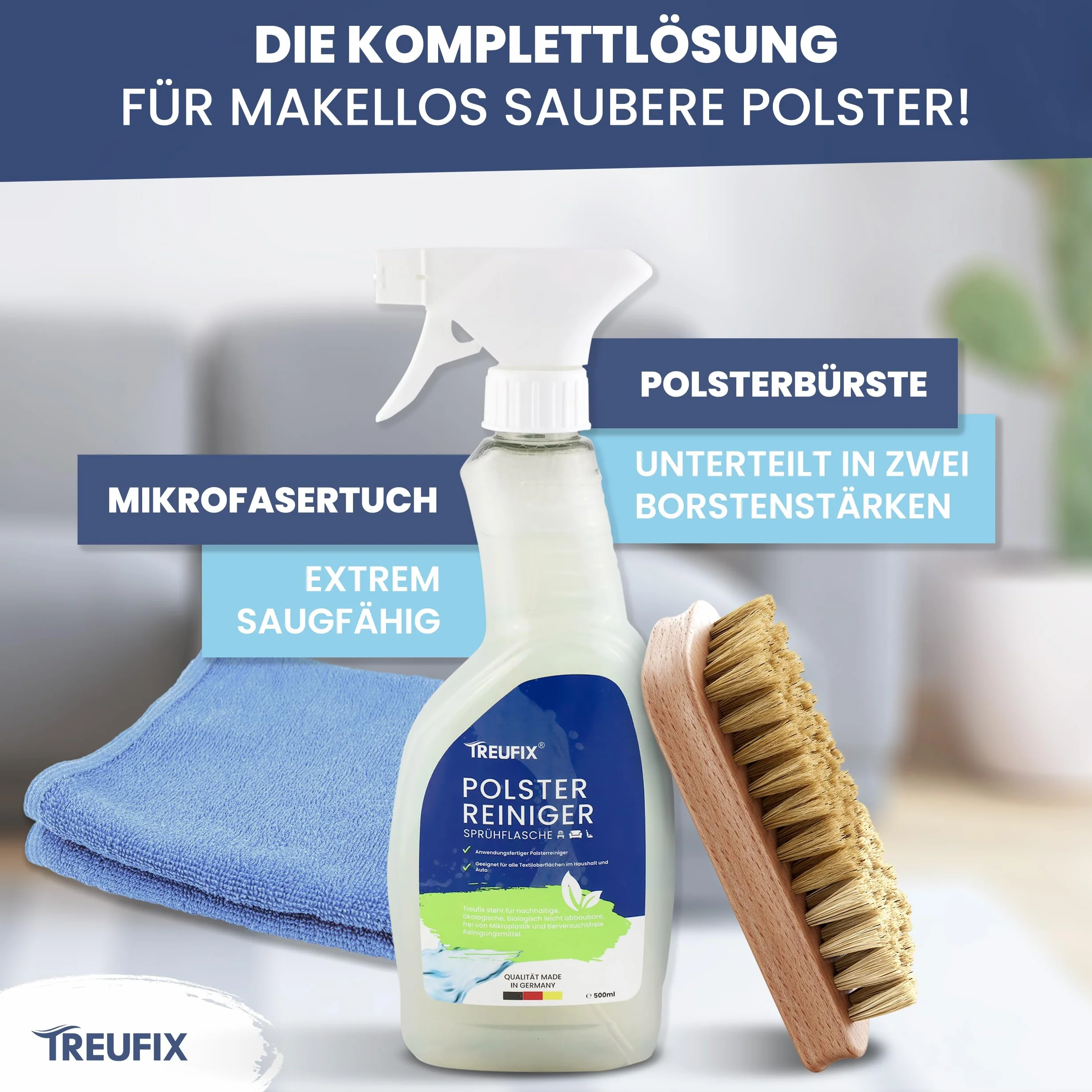 Treufix - Środek do czyszczenia tapicerki i dywanów do foteli samochodowych, sofy i kanapy [profesjonalny zestaw ze szczotką do tapicerki i ściereczką z mikrofibry] Skuteczny środek do czyszczenia