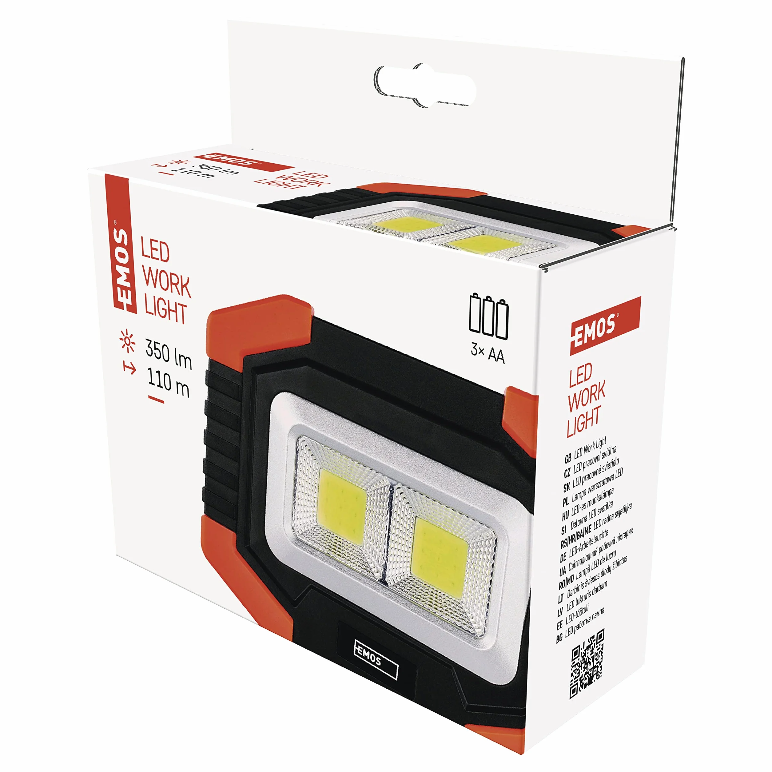 EMOS Lampa robocza LED, mały, przenośny reflektor roboczy, jasność 350 lm, zasięg świecenia 110 m, 2 tryby świecenia, zasilanie bateryjne, czas świecenia do 20 godzin, obrotowy uchwyt