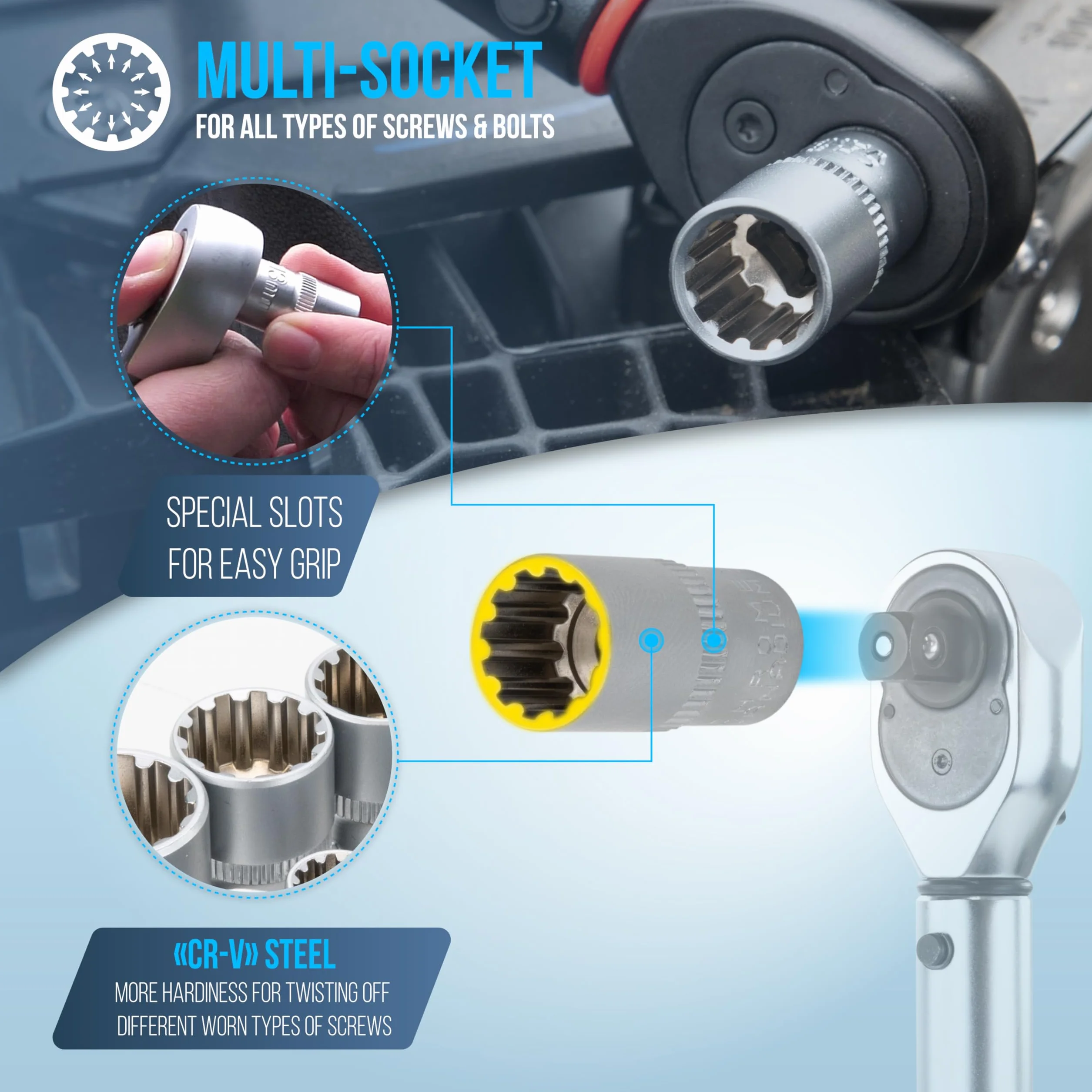 HASKYY Klucze nasadowe 1/2" Gear Lock 1/2" 8-32 calowy wielokątny nadruk Torx narzędzie zewnętrzne wewnętrzne nasadki zestaw 19 szt.